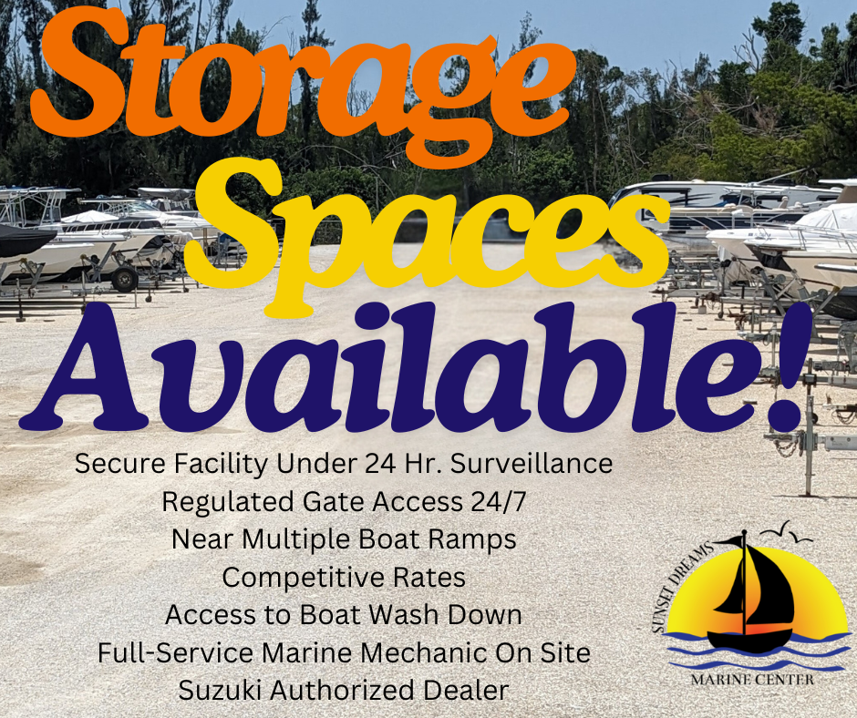 A storage facility advertisement for boats, featuring amenities like 24/7 access, security, and marine mechanic services.