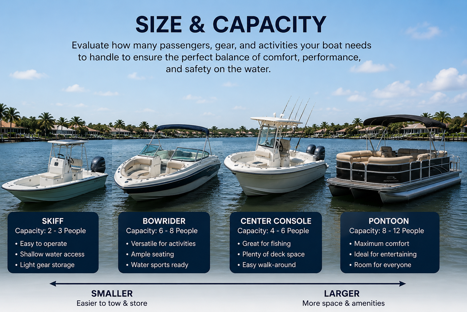 Infographic showing four white yachts on blue water with size and capacity labels underneath.