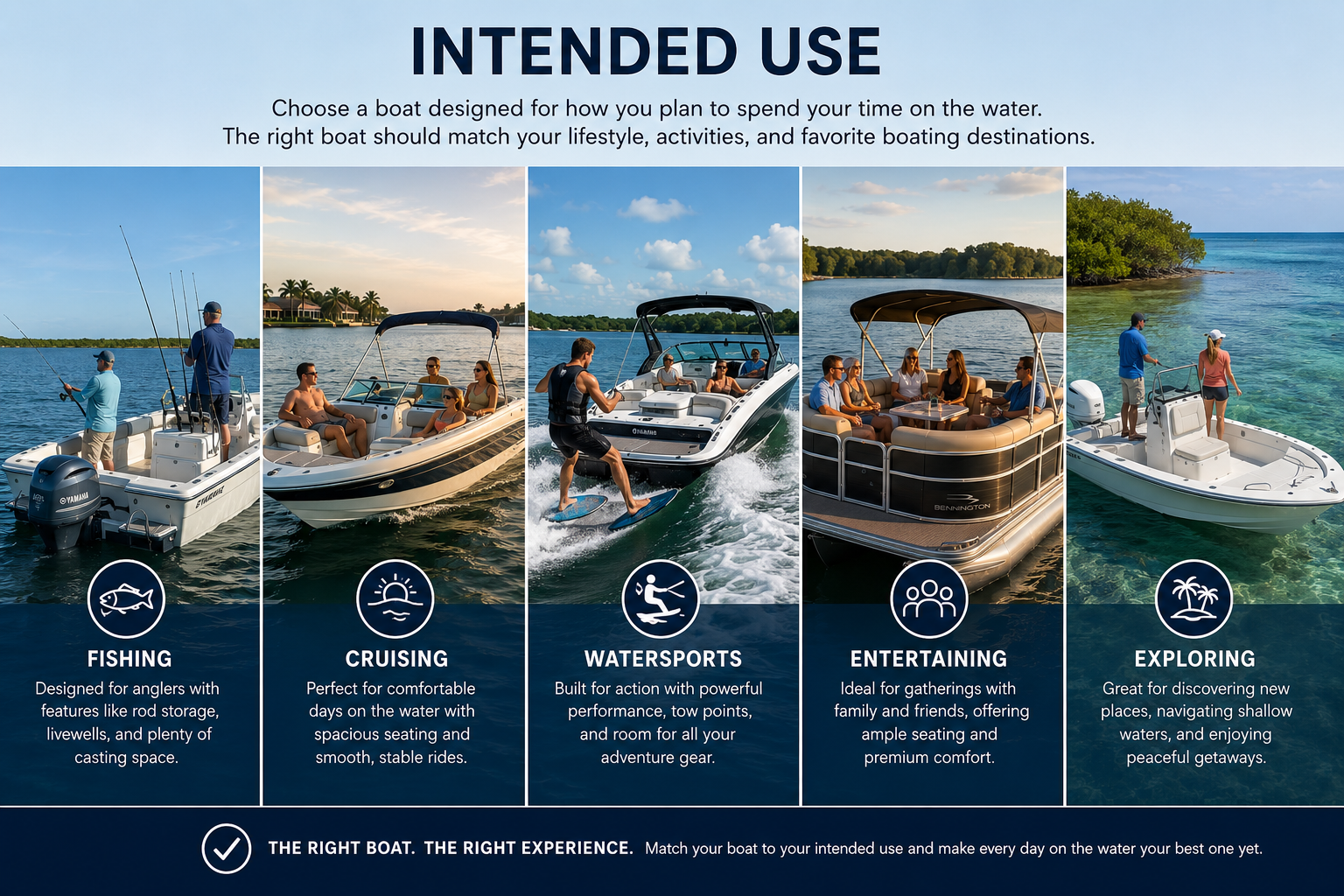 Infographic of five people riding a boat on water: fishing, cruising, watersports, entertaining, and exploring.