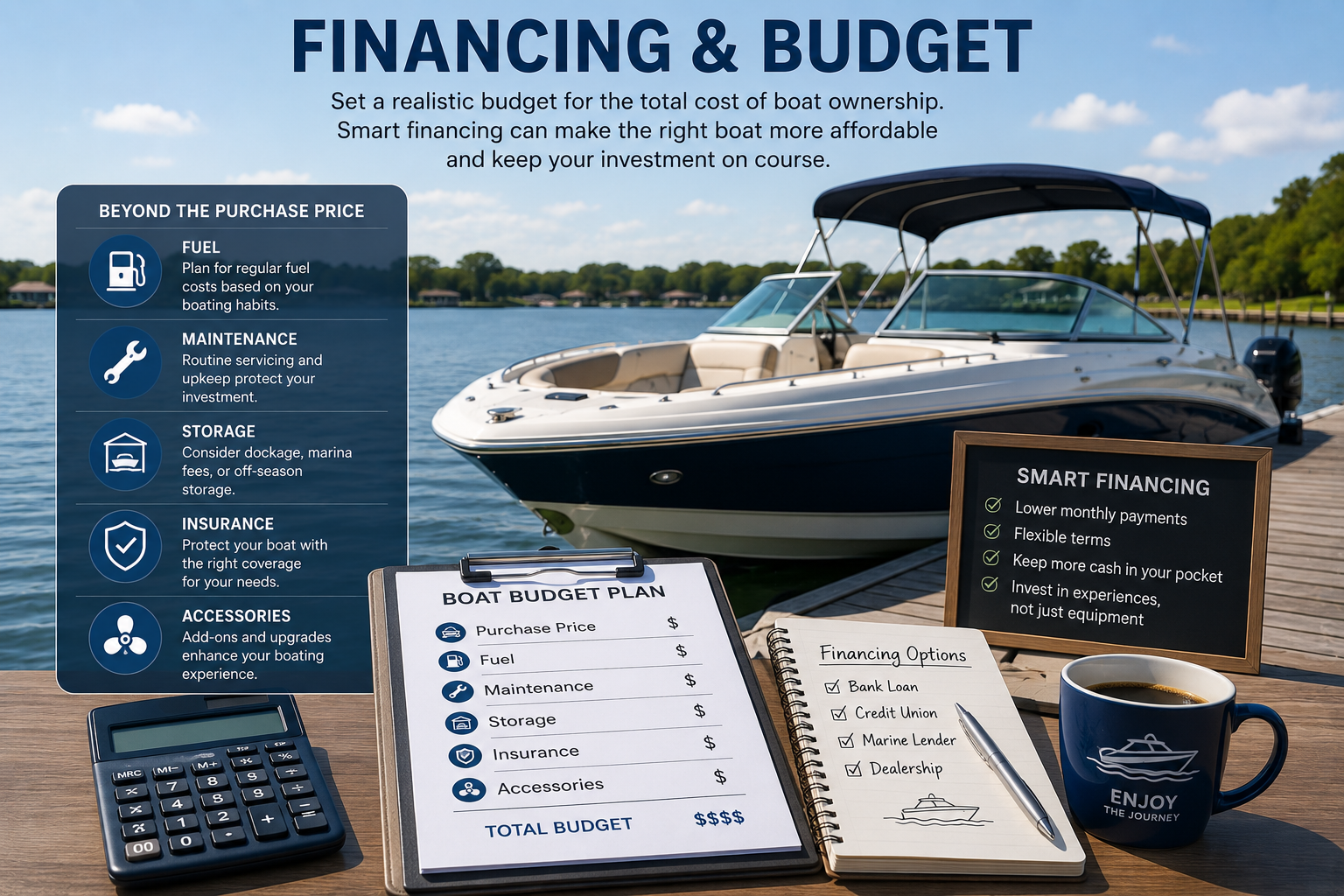 Finance and budget display with boat, calculator, notebook, and chalkboard by the water