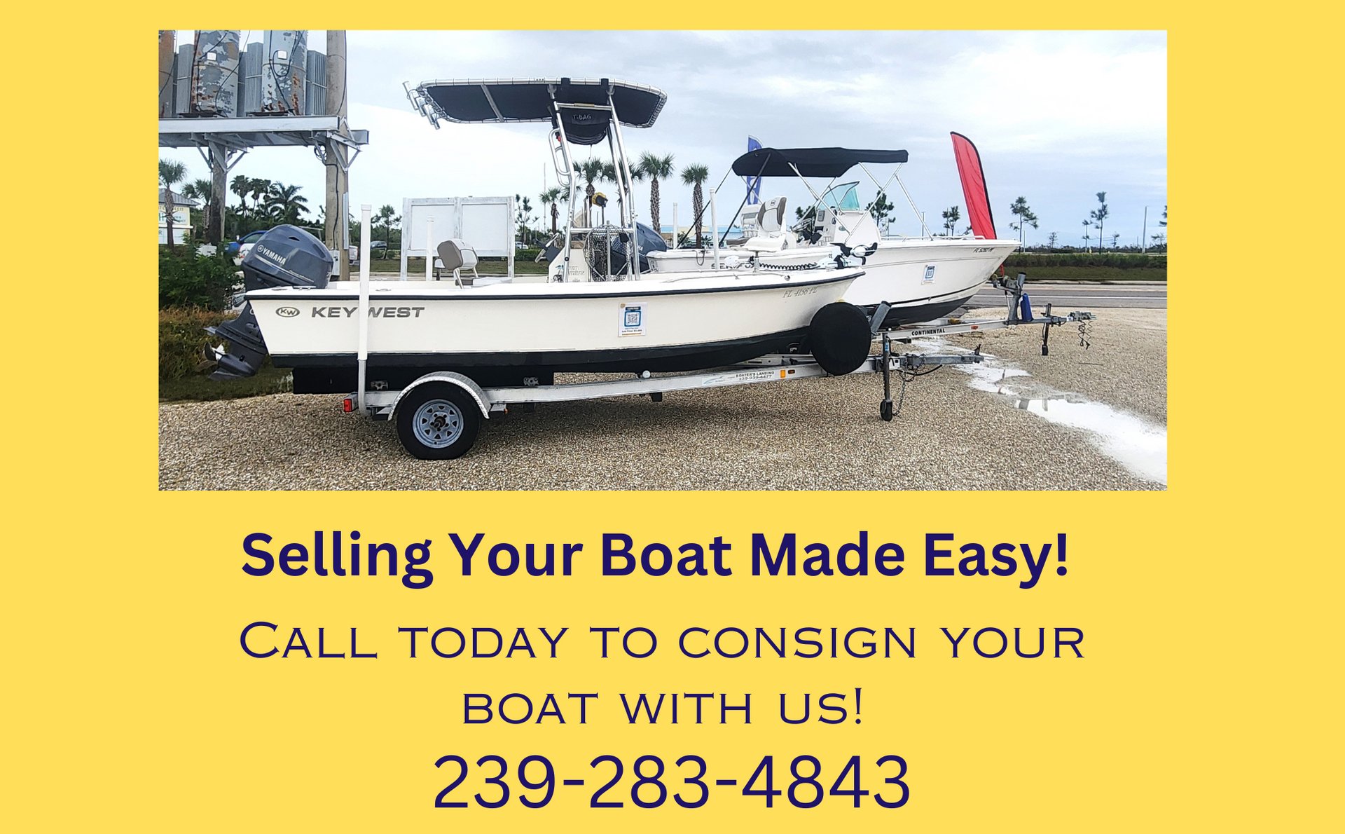A boat on a trailer against a yellow background with the text: 