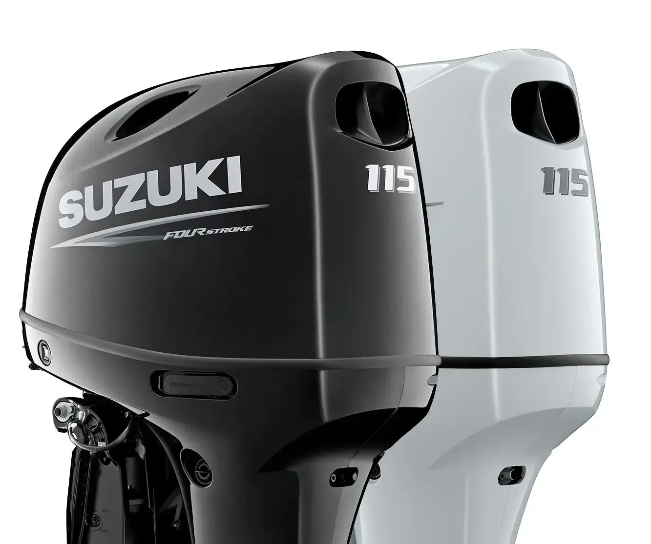 Two Suzuki 115 outboard motors, one black and one white, side by side on a white background
