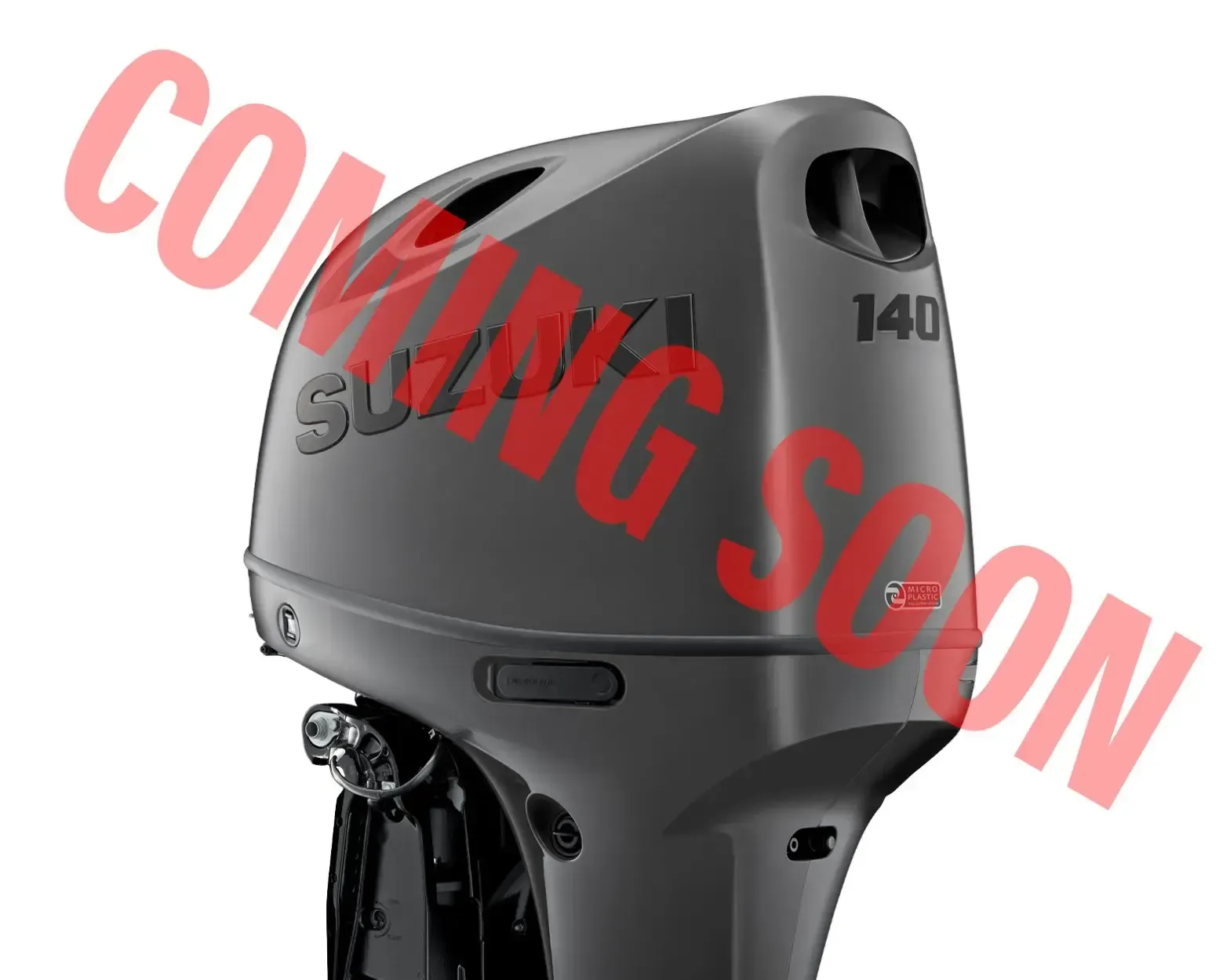 Black and gray SU marine outboard motor head with red “COMING SOON” text overlay
