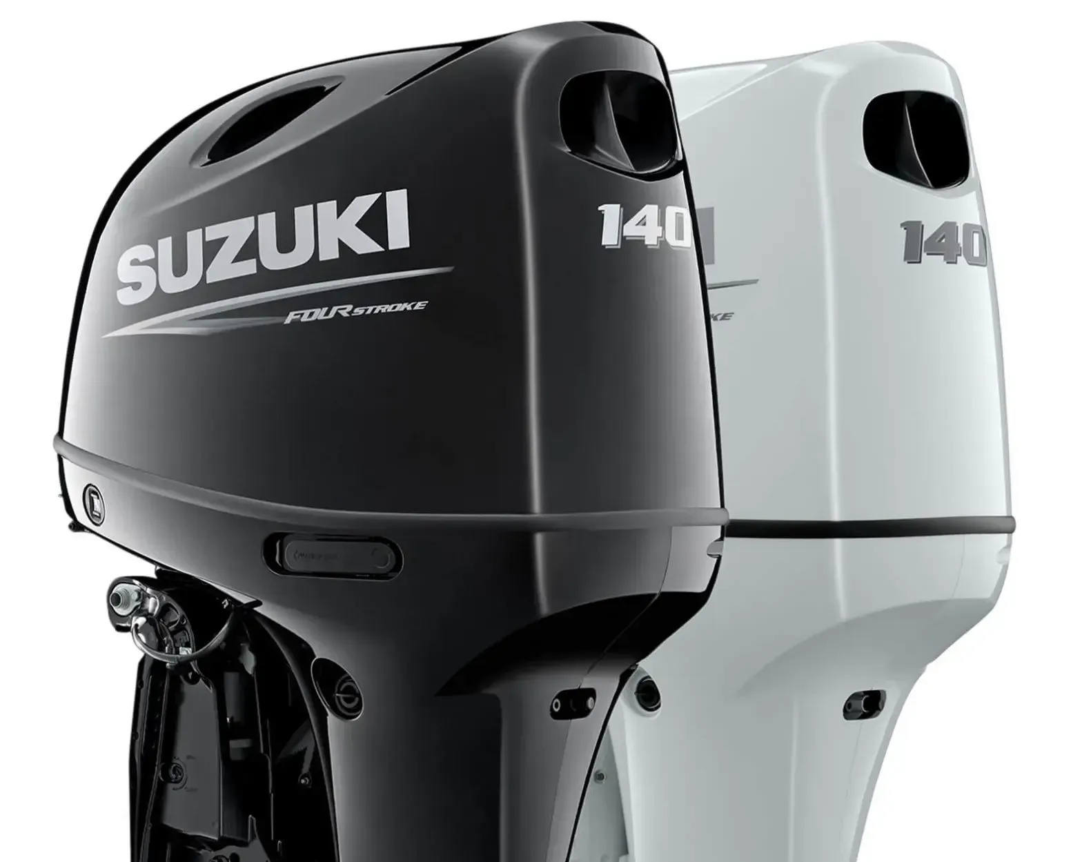 Two Suzuki 140 outboard motors, one black and one white, shown side by side.