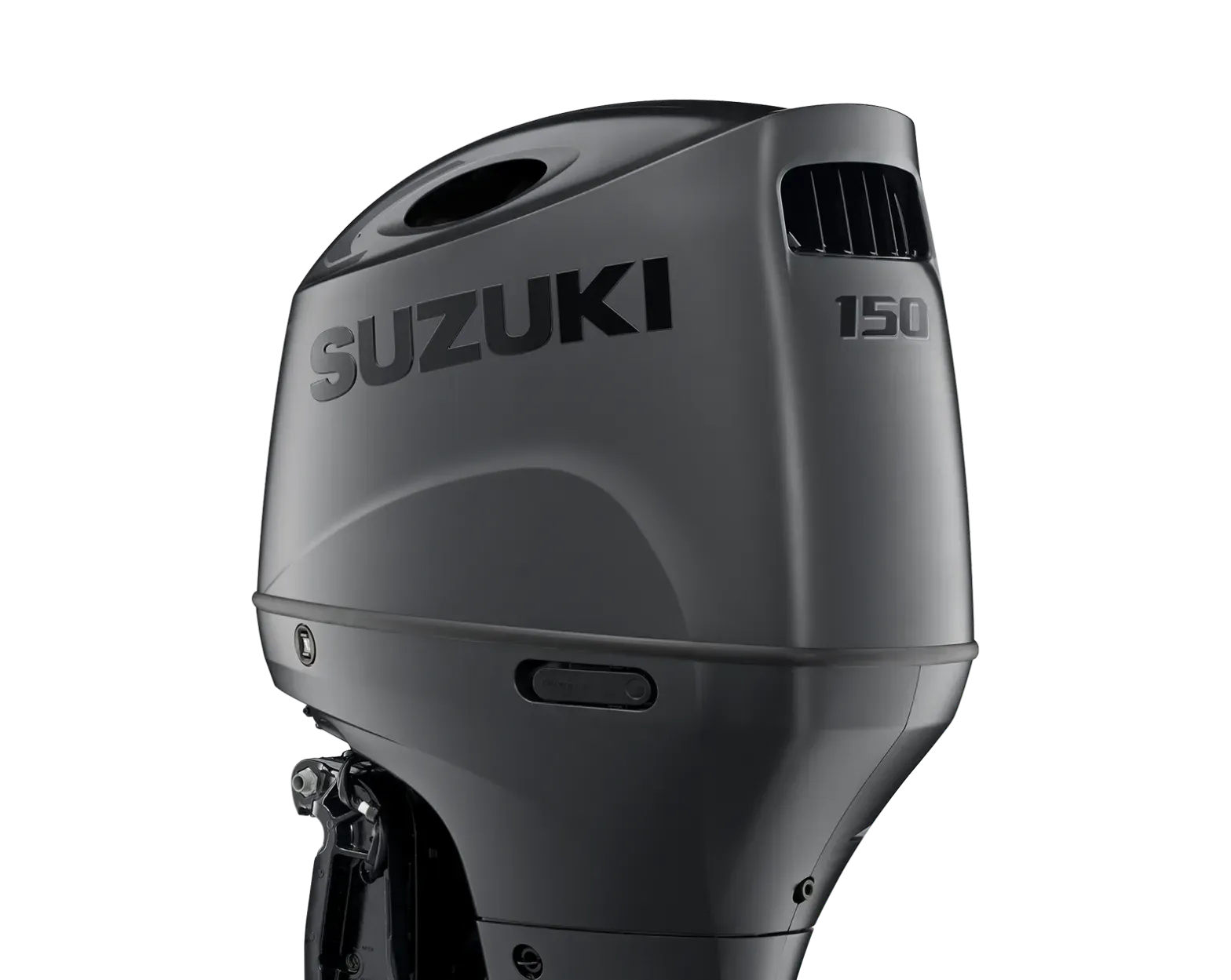 Gray Suzuki 150 outboard boat motor on a white background