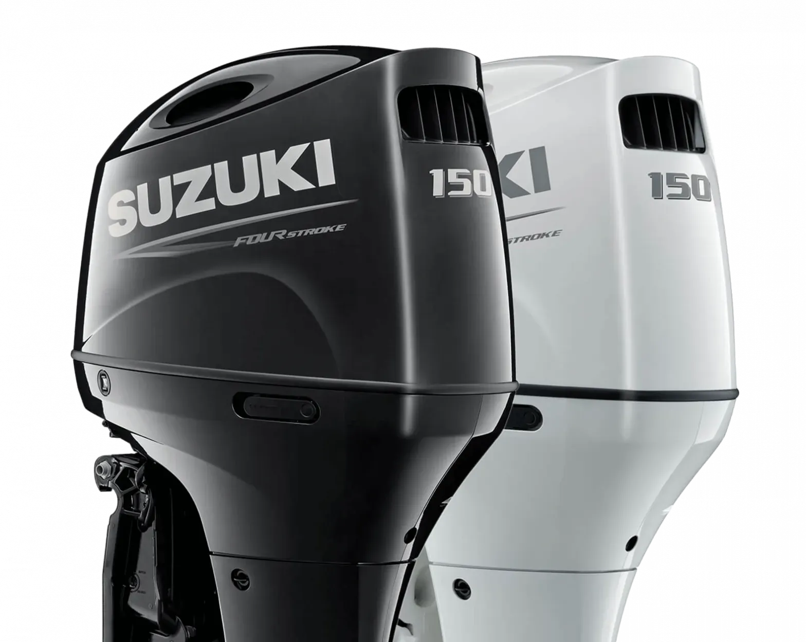 Two Suzuki 150 outboard motors, one black and one white, shown side by side on a white background