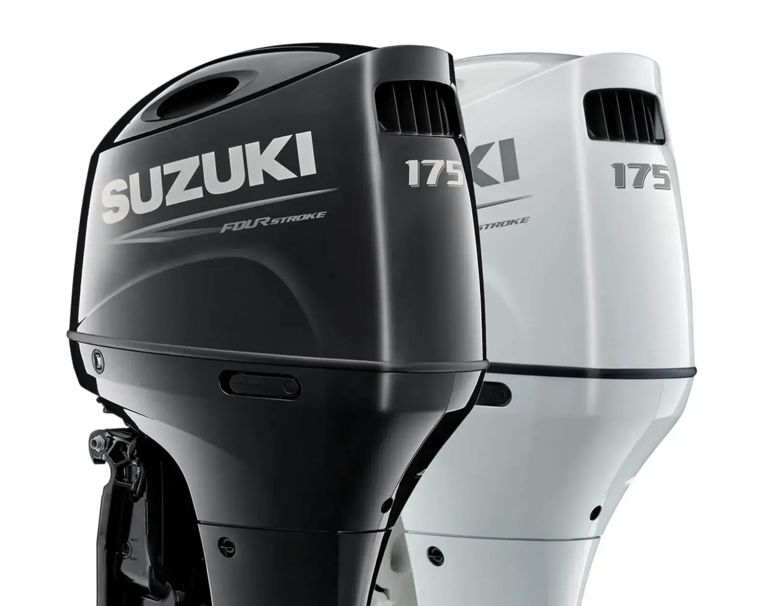 Two Suzuki 175 outboard boat engines, one black and one white, side by side.