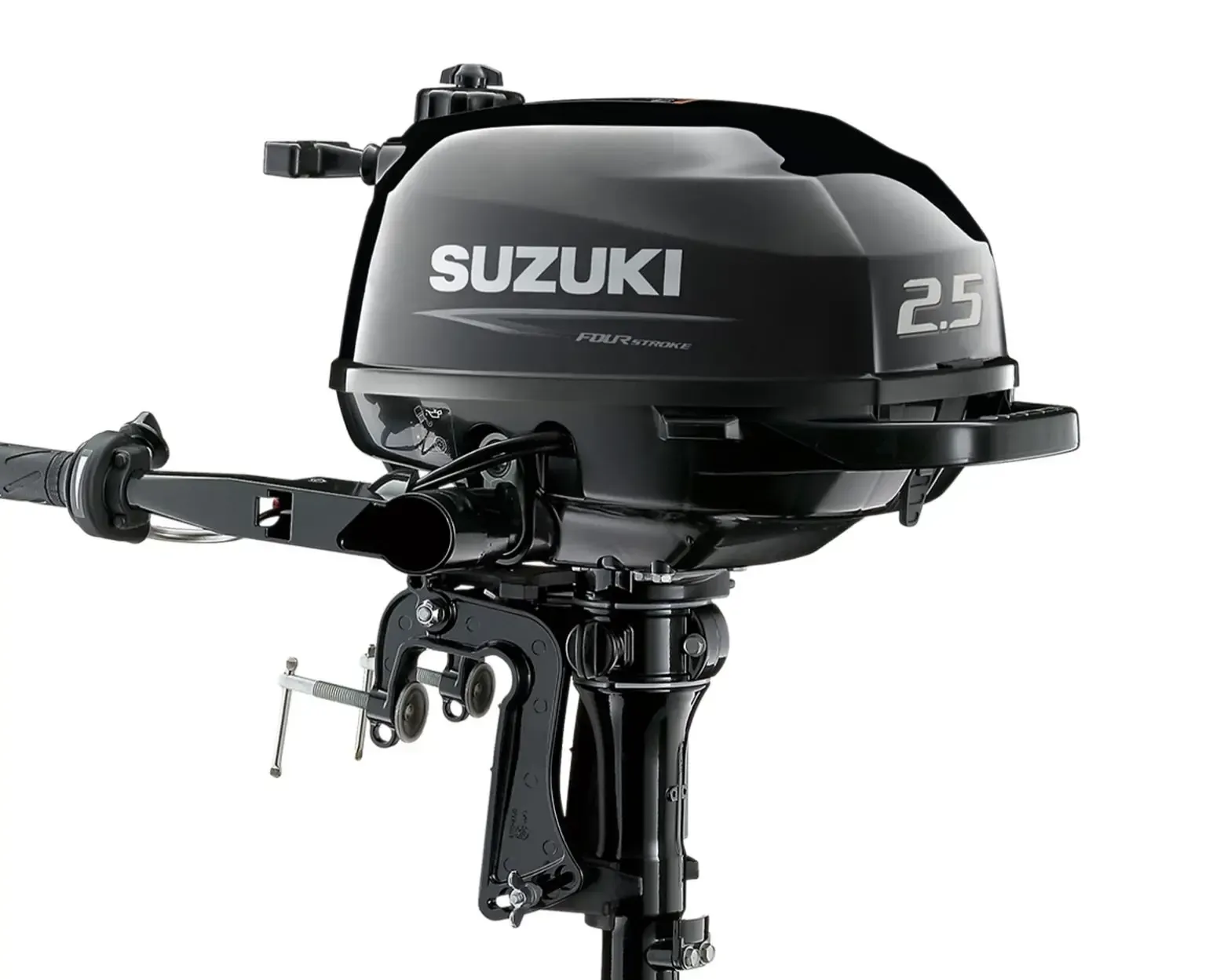 Black Suzuki 25 outboard motor mounted on a boat stern