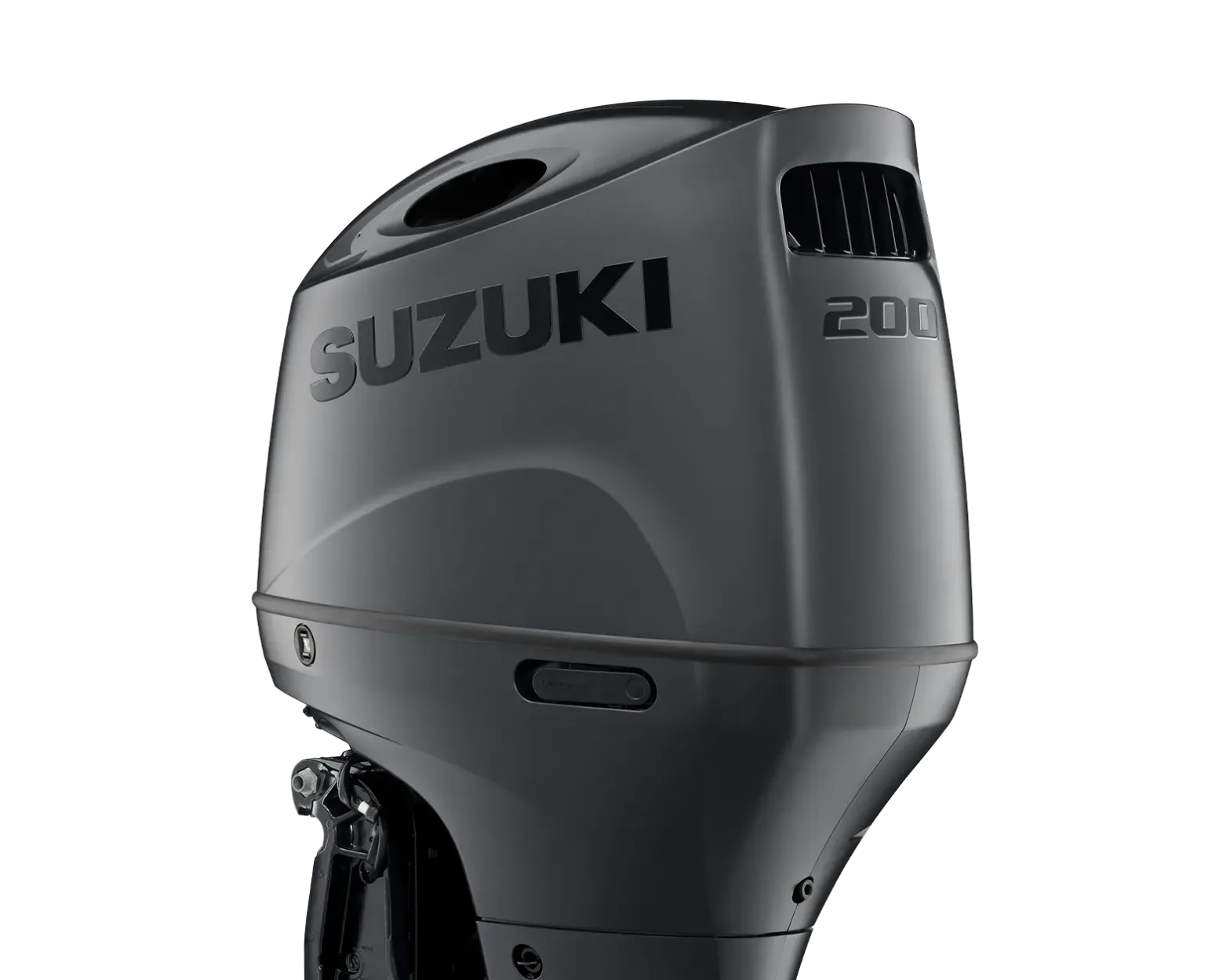 Gray Suzuki 200 outboard motor viewed from the rear side