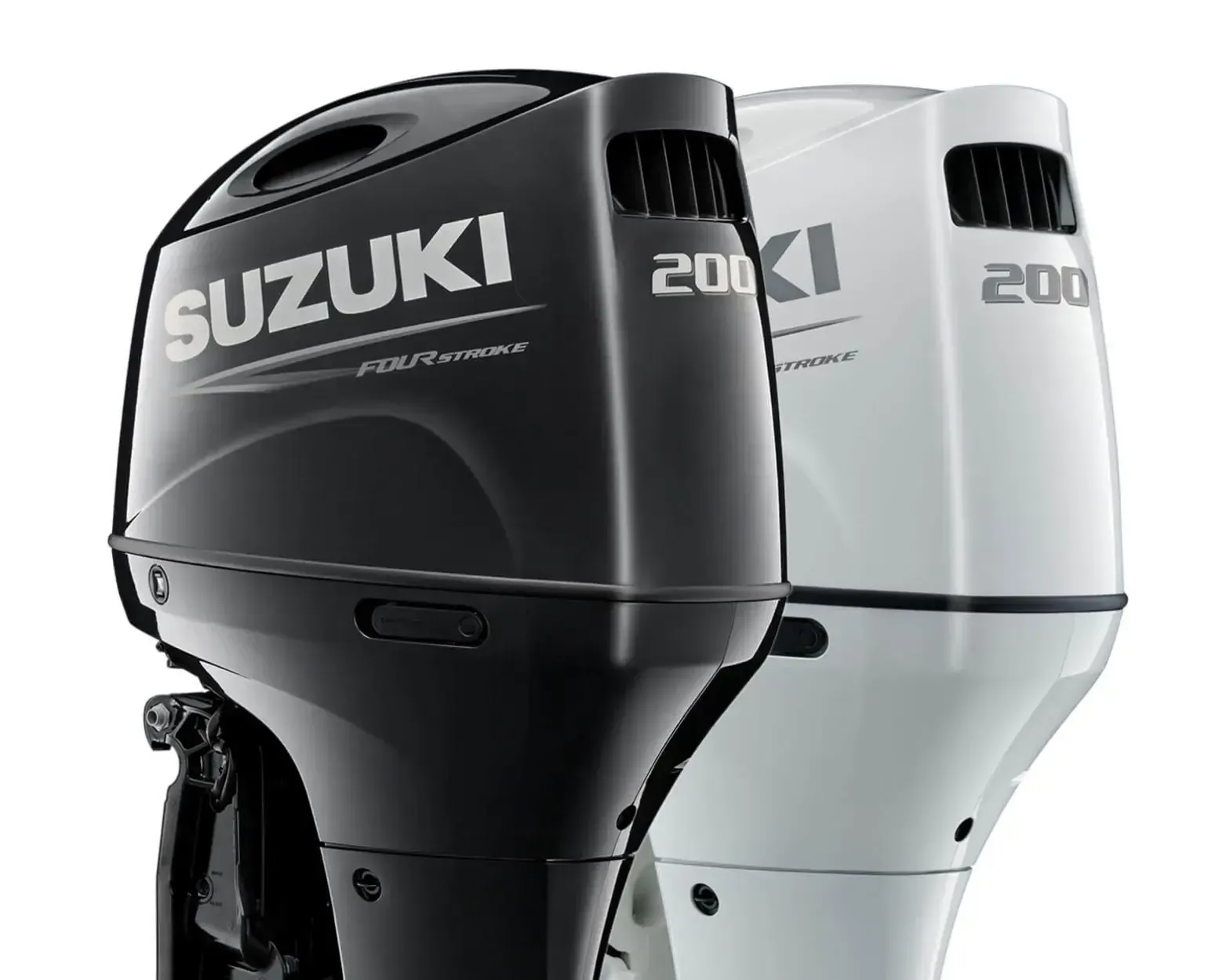 Two Suzuki 200 outboard boat engines, one black and one white, side by side