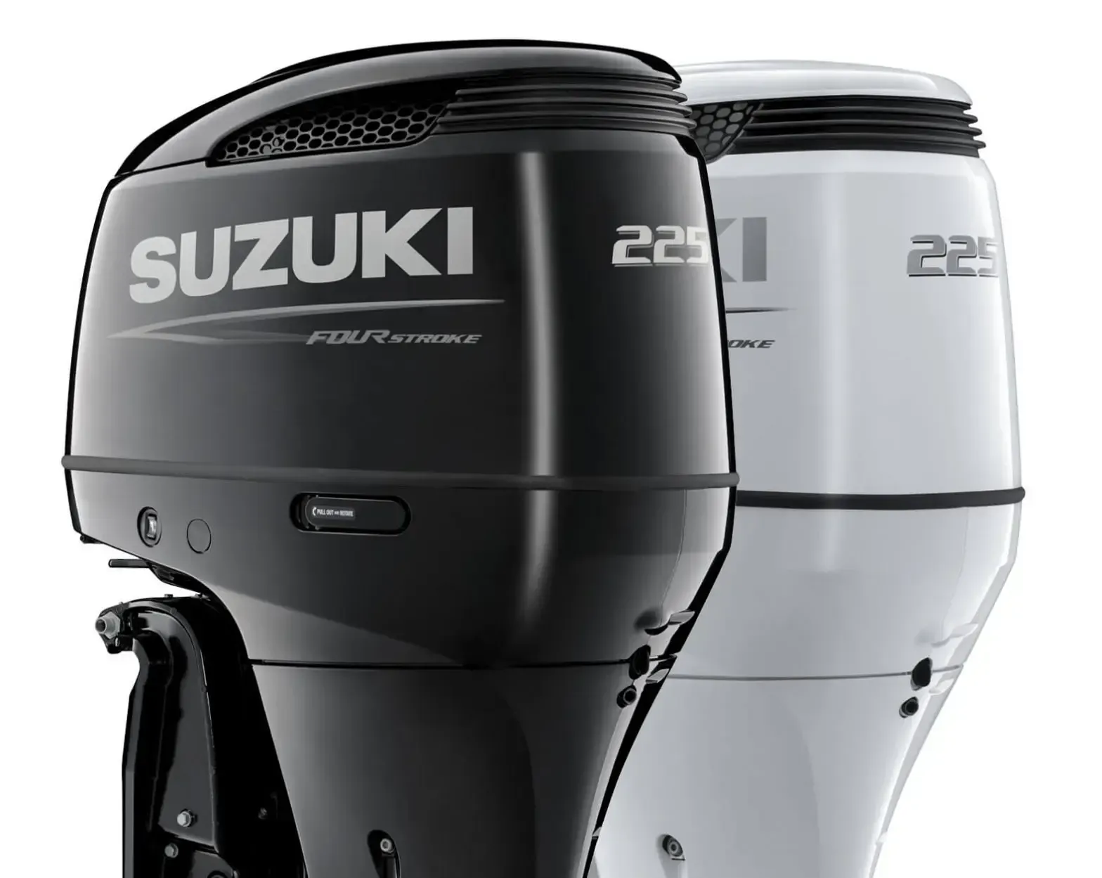 Suzuki outboard motors, black and white, shown side by side.