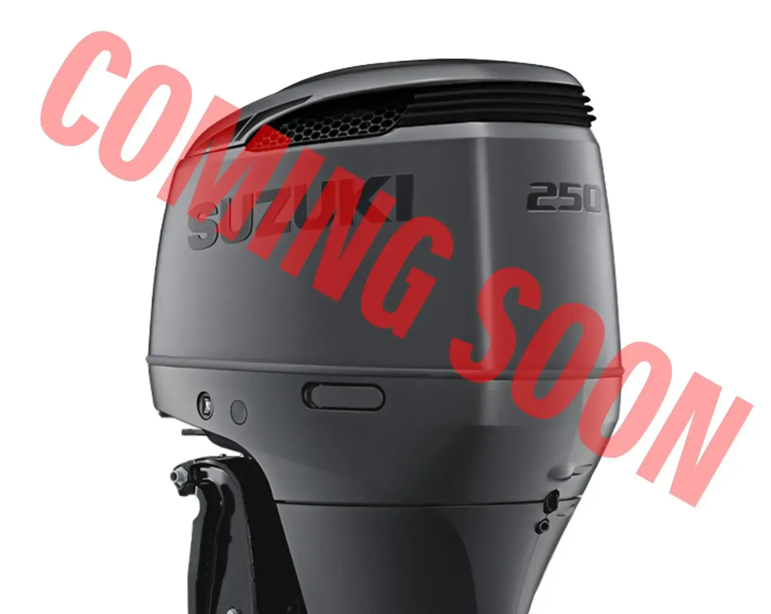 Gray outboard motor with “Coming Soon” text overlay