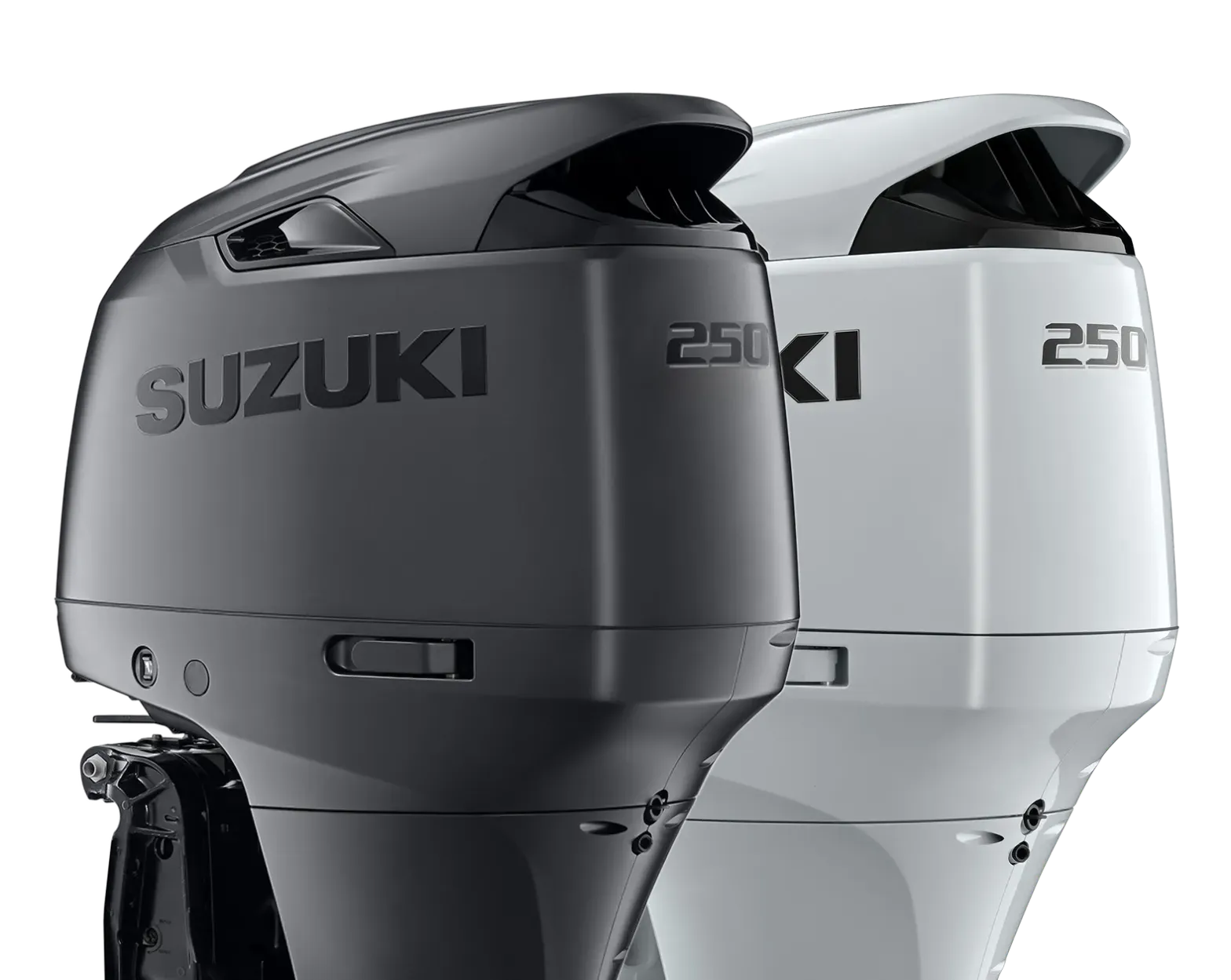Two Suzuki 250 outboard motors, one black and one white, shown side by side on a white background
