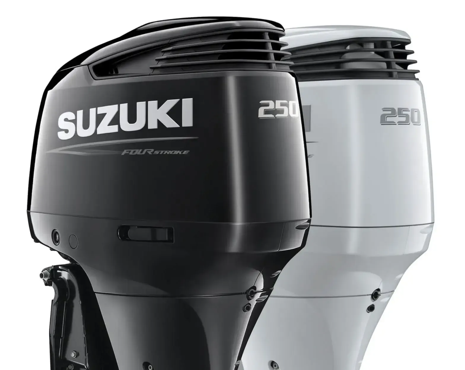 Two Suzuki 250 outboard motors, one black and one silver, shown side by side on a white background