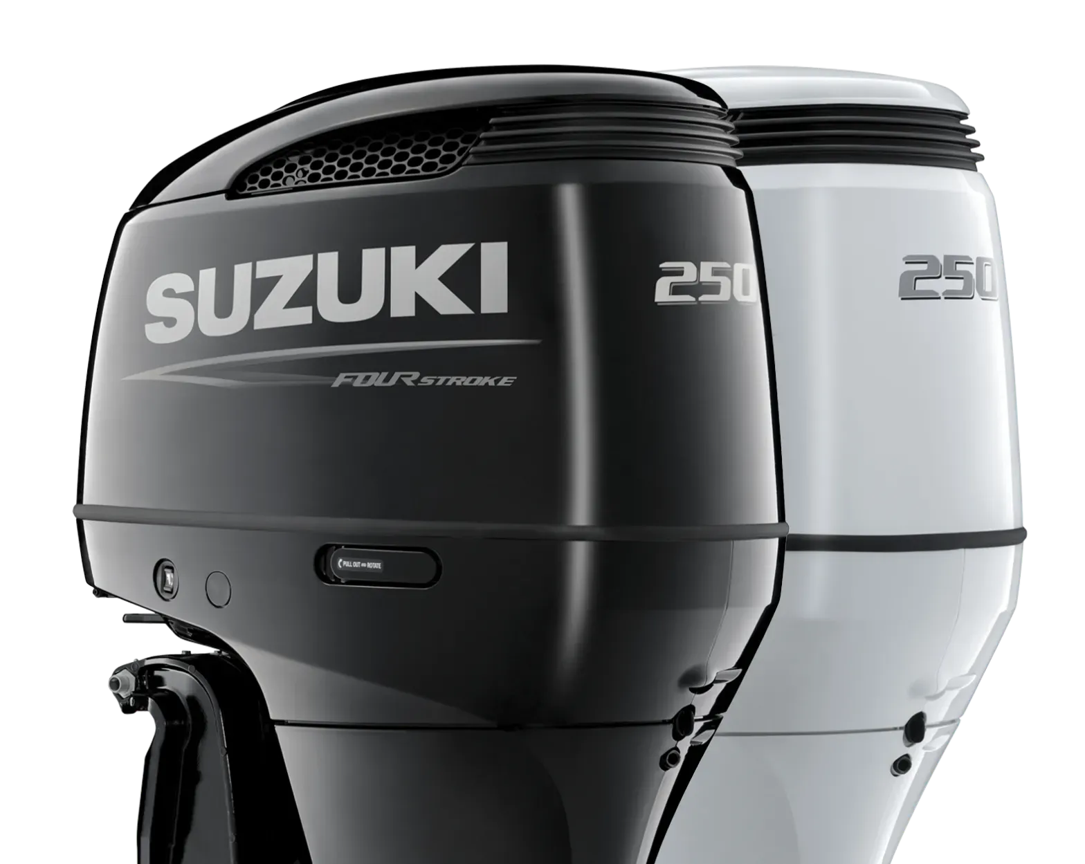 Two Suzuki 250 outboard motors, one black and one white, shown side by side.