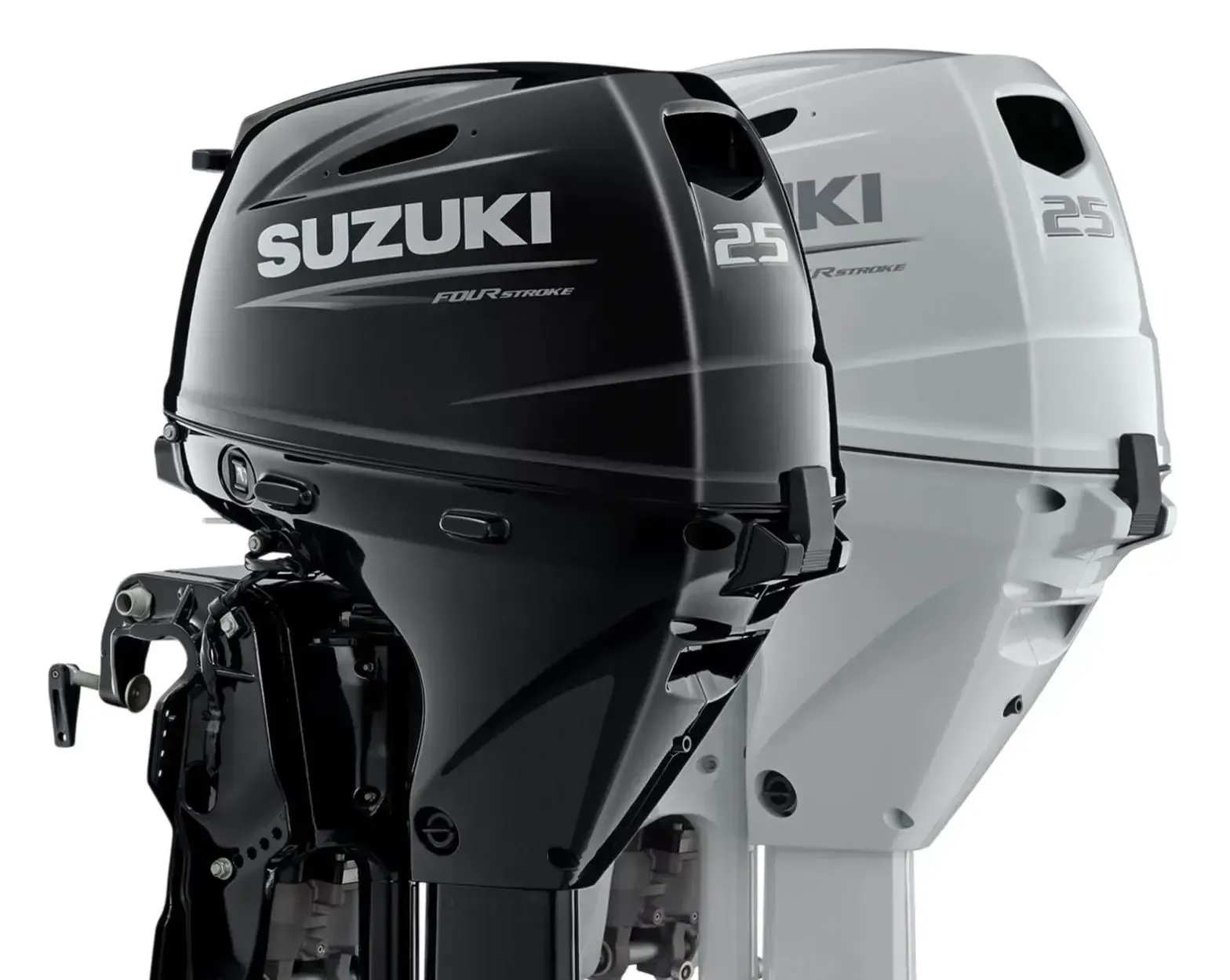 Two Suzuki outboard motors, one black and one white, shown side by side