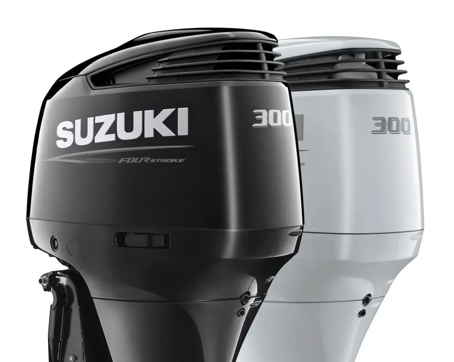 Two Suzuki 300 outboard motors, one black and one silver, side by side on a white background