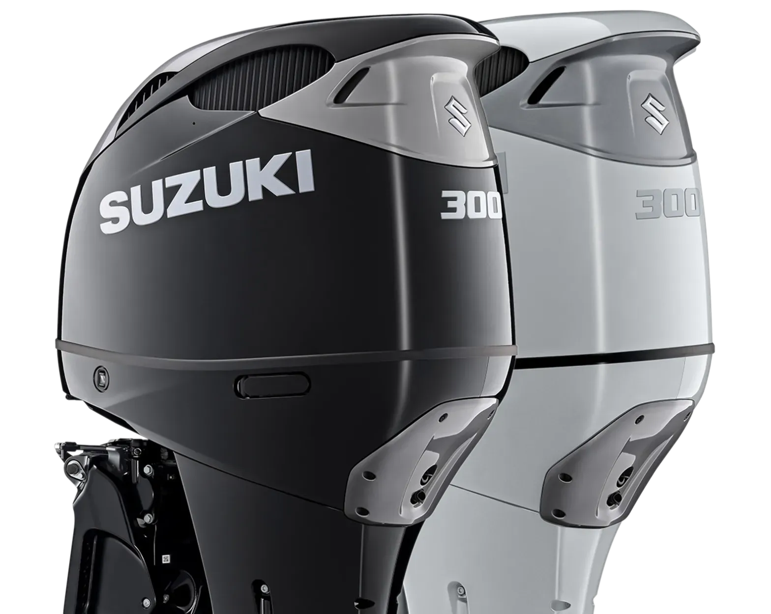 Two Suzuki 300 outboard motors, one black and one silver, shown side by side