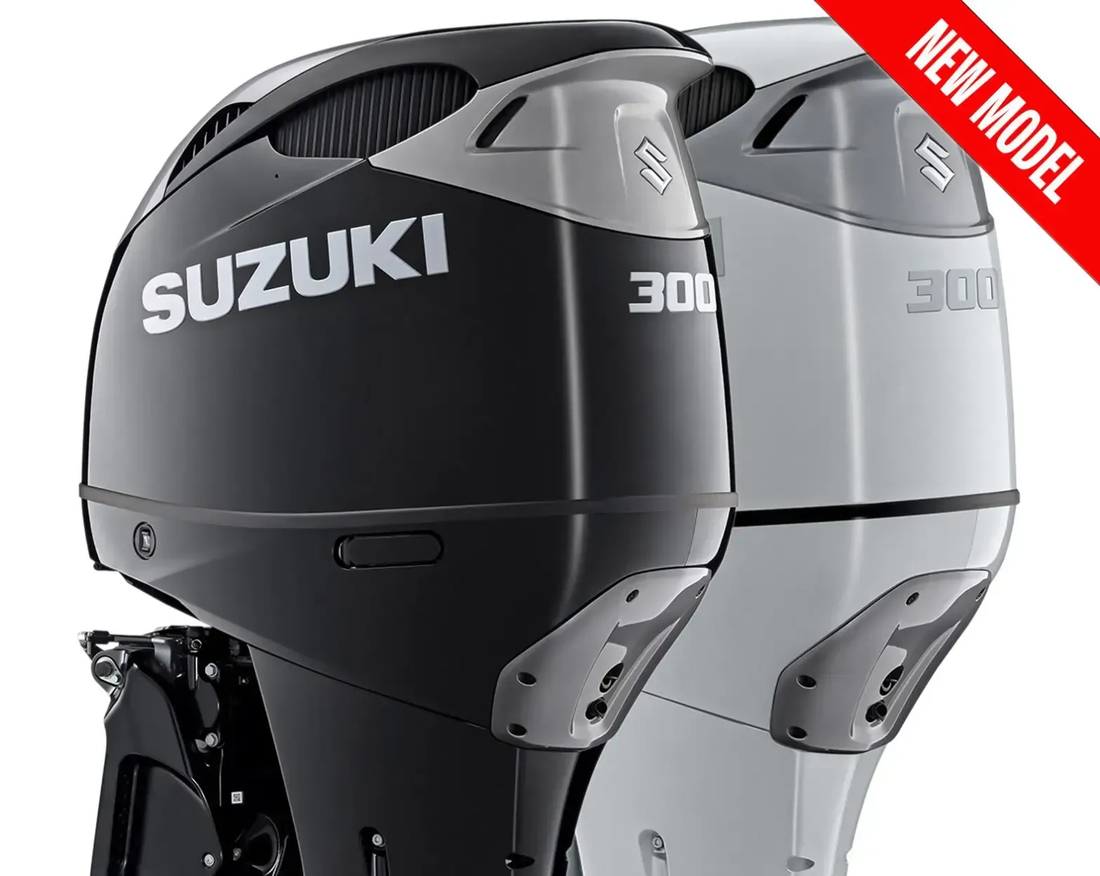 Suzuki 300 outboard motors, black and silver, with a red “NEW MODEL” tag