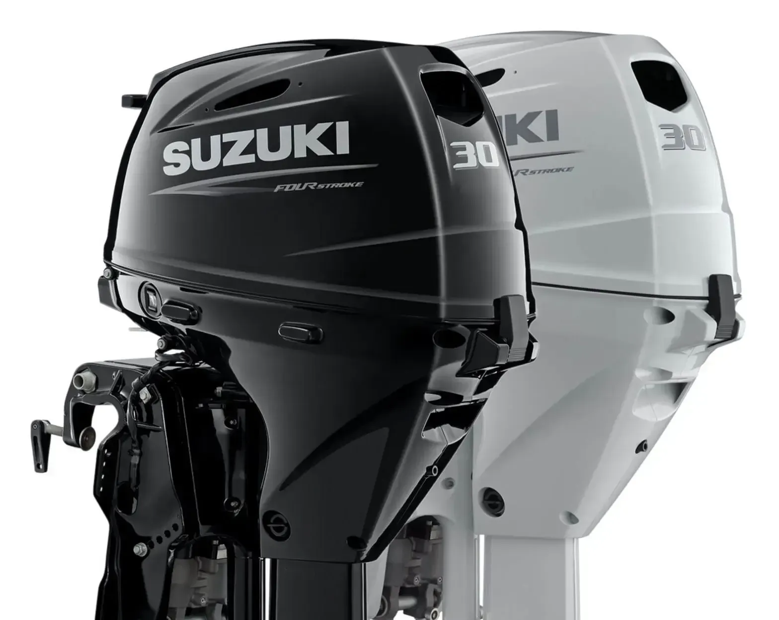 Two Suzuki outboard motors, one black and one white, shown side by side