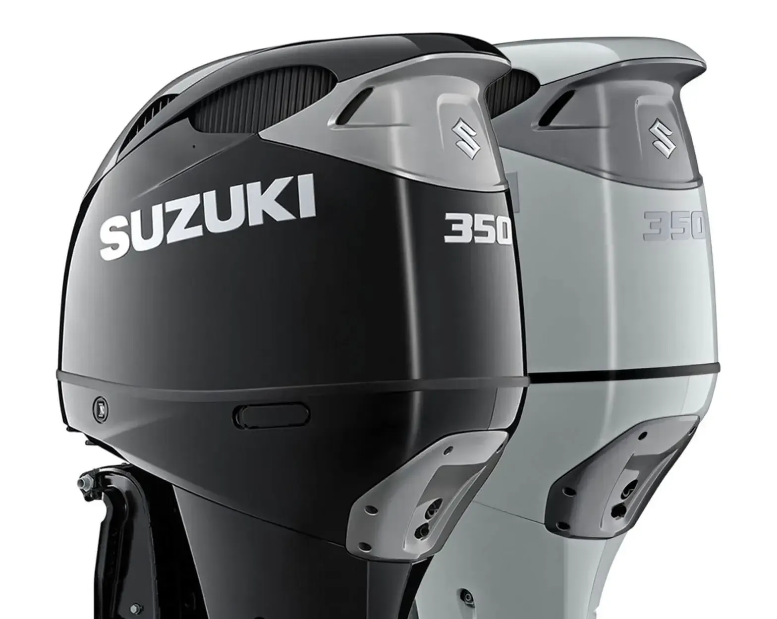 Suzuki 350 outboard motors in black and silver, shown side by side