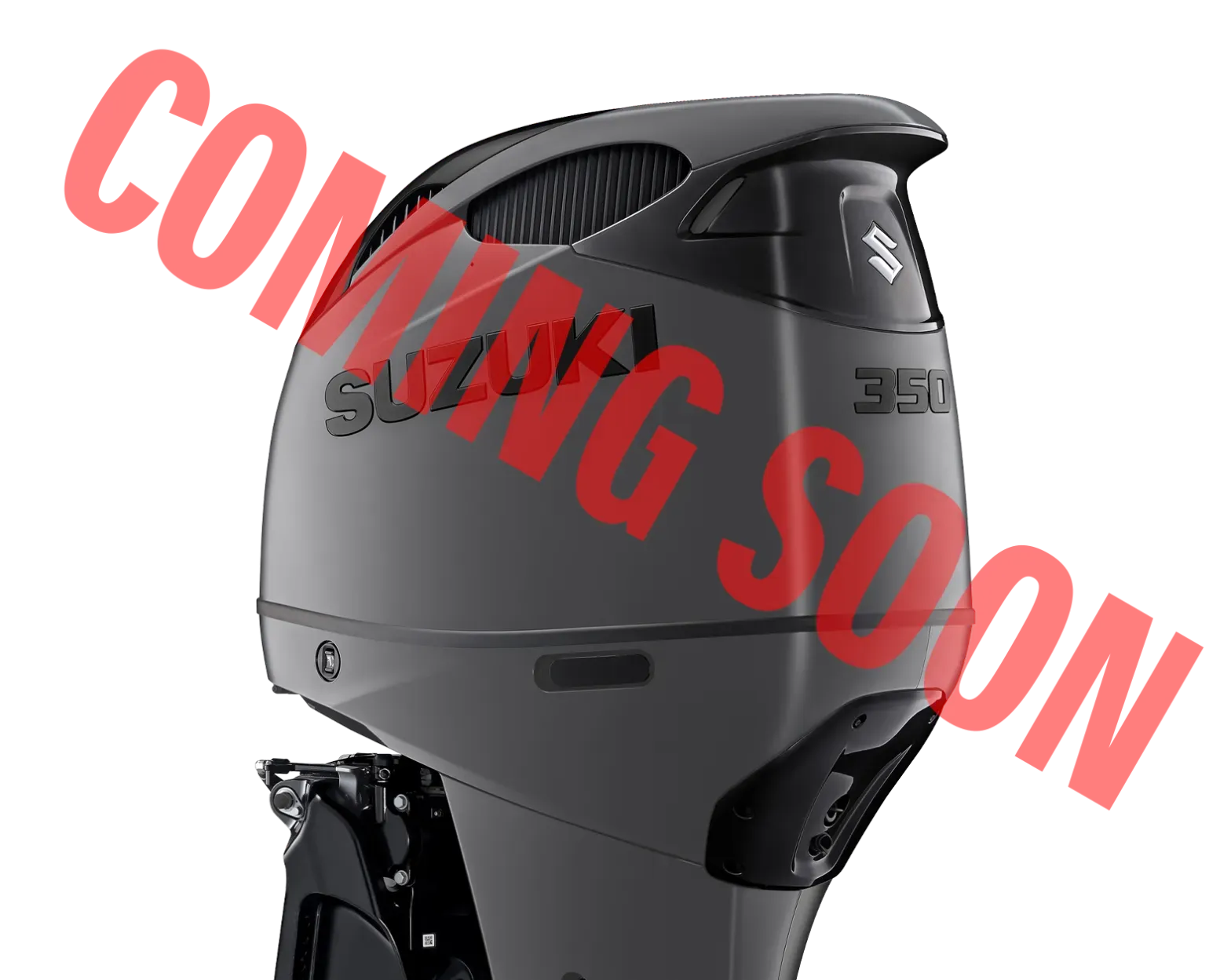 Black outboard motor with red “COMING SOON” text overlay.