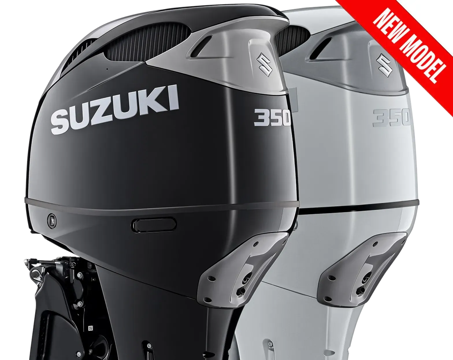 Suzuki 350 outboard motor in black and gray with a red “NEW MODEL” banner