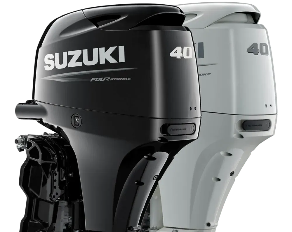 Two Suzuki 40 hp outboard motors, one black and one white, shown side by side.