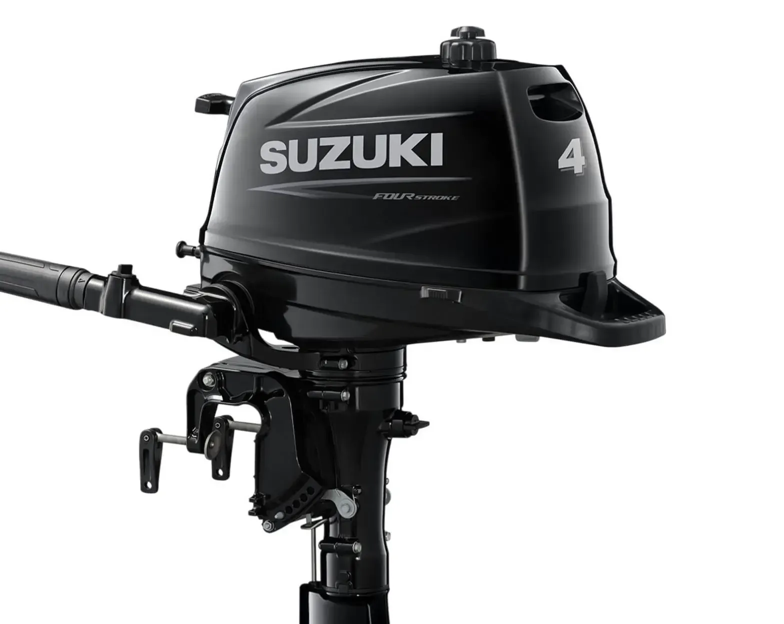 Black Suzuki outboard boat motor on a stand against a white background