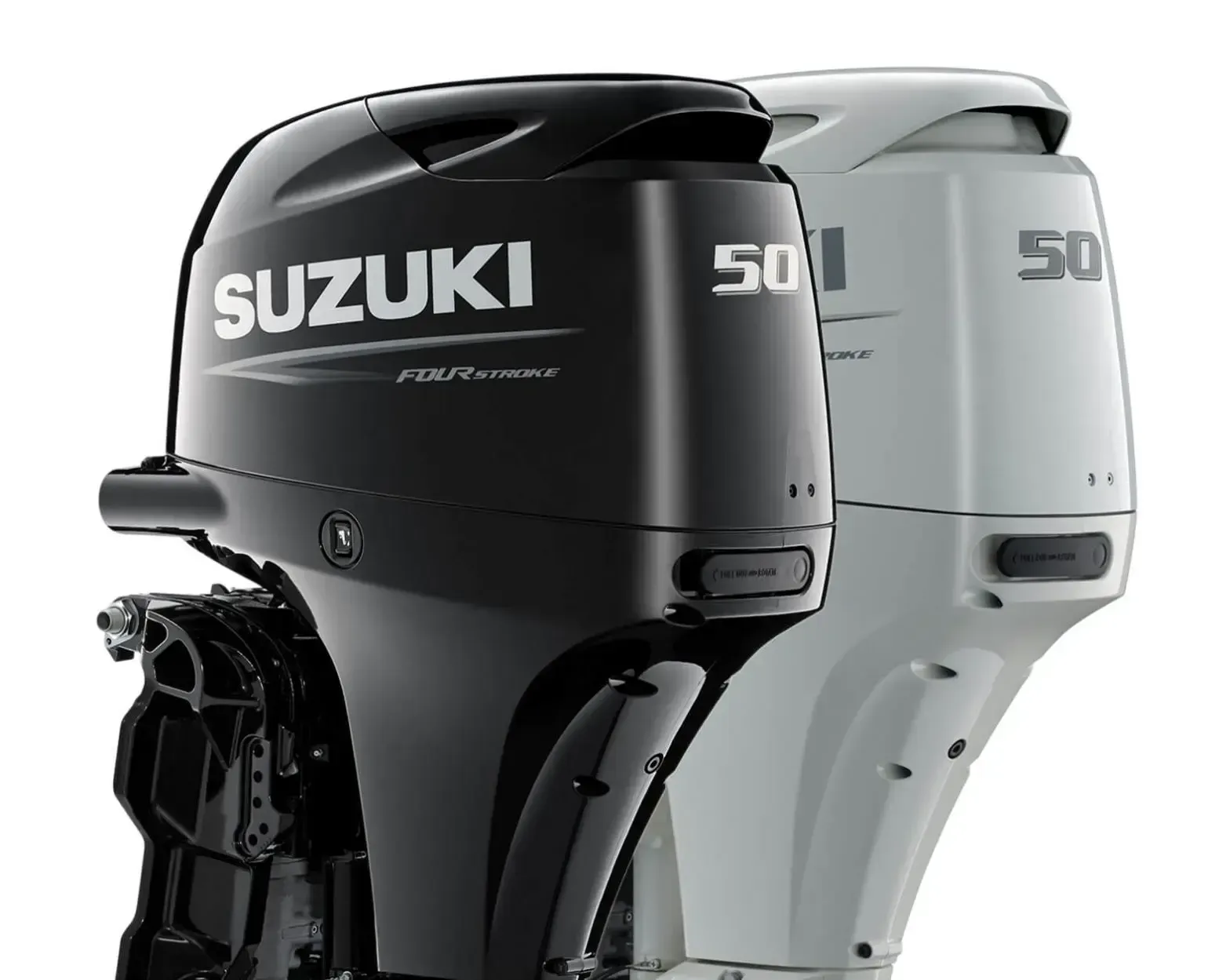 Two Suzuki 50-hp outboard motors, one black and one white, shown side by side.