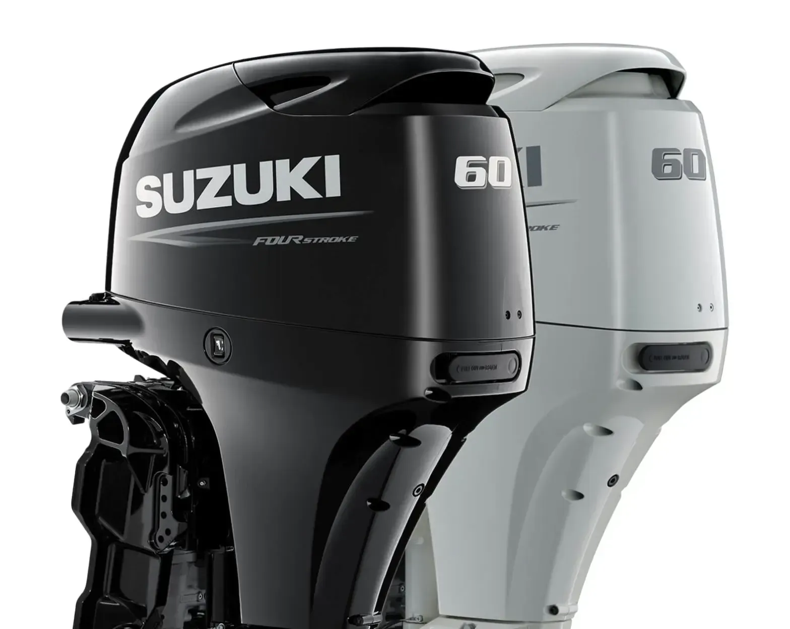 Two Suzuki 60 outboard motors, one black and one white, shown side by side.