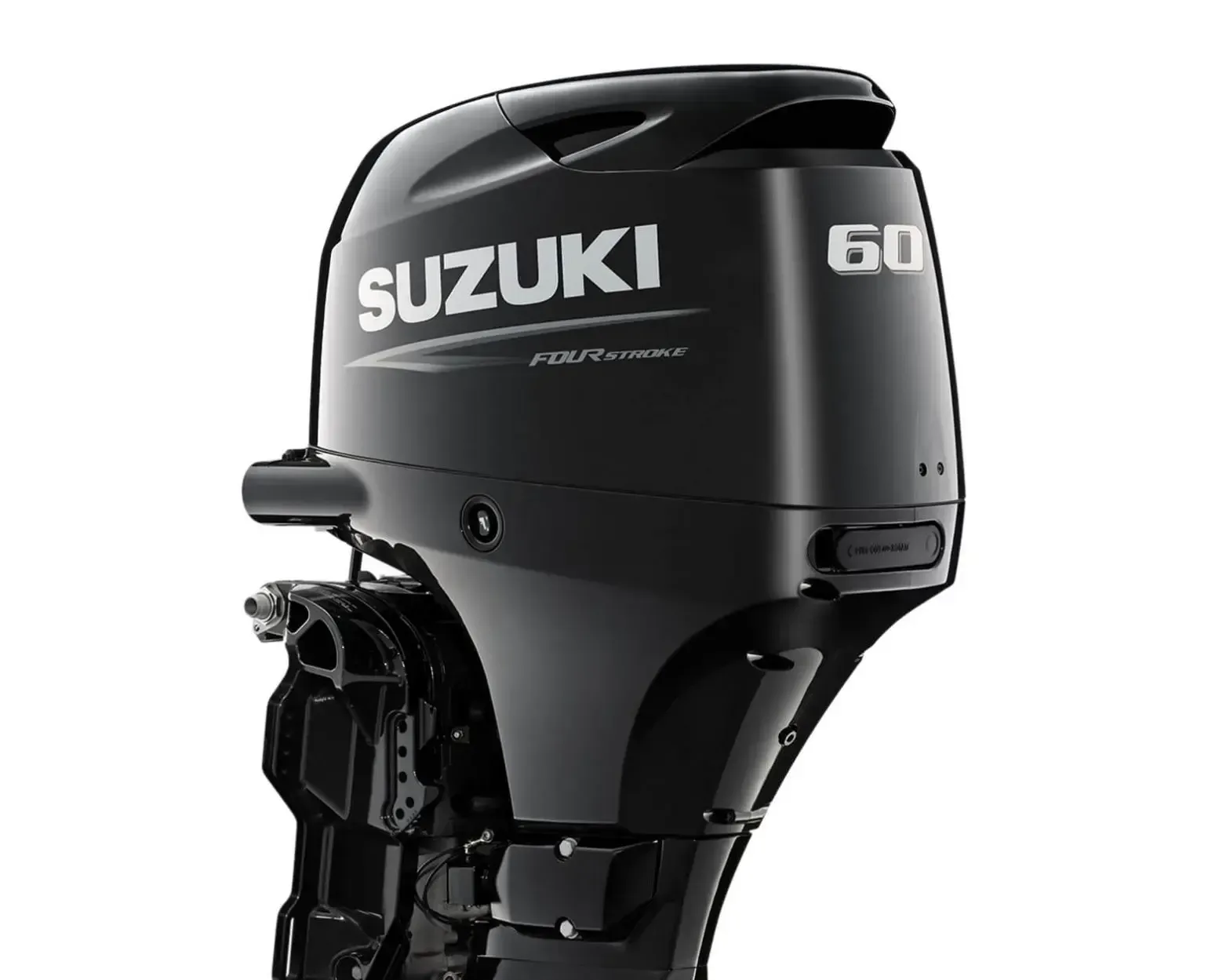 Black Suzuki 60 outboard motor on a white background