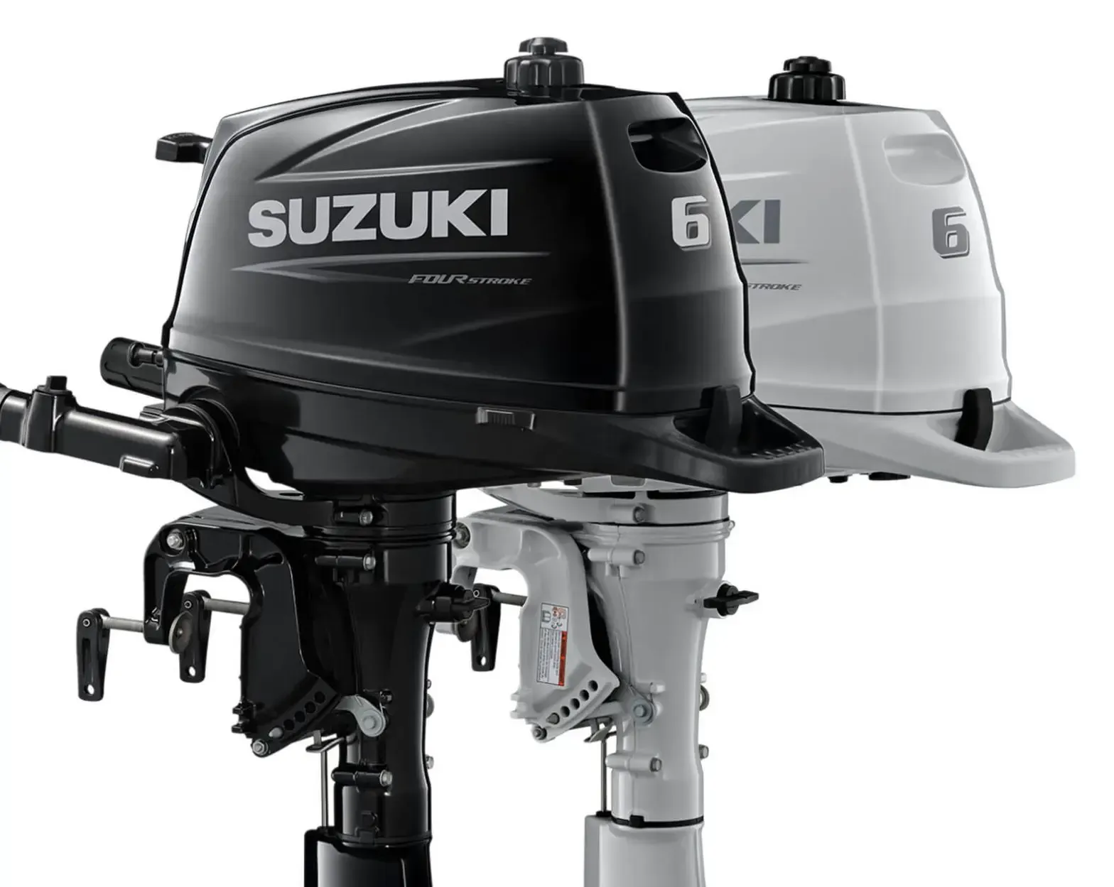 Two Suzuki outboard motors, one black and one white, shown side by side on display.