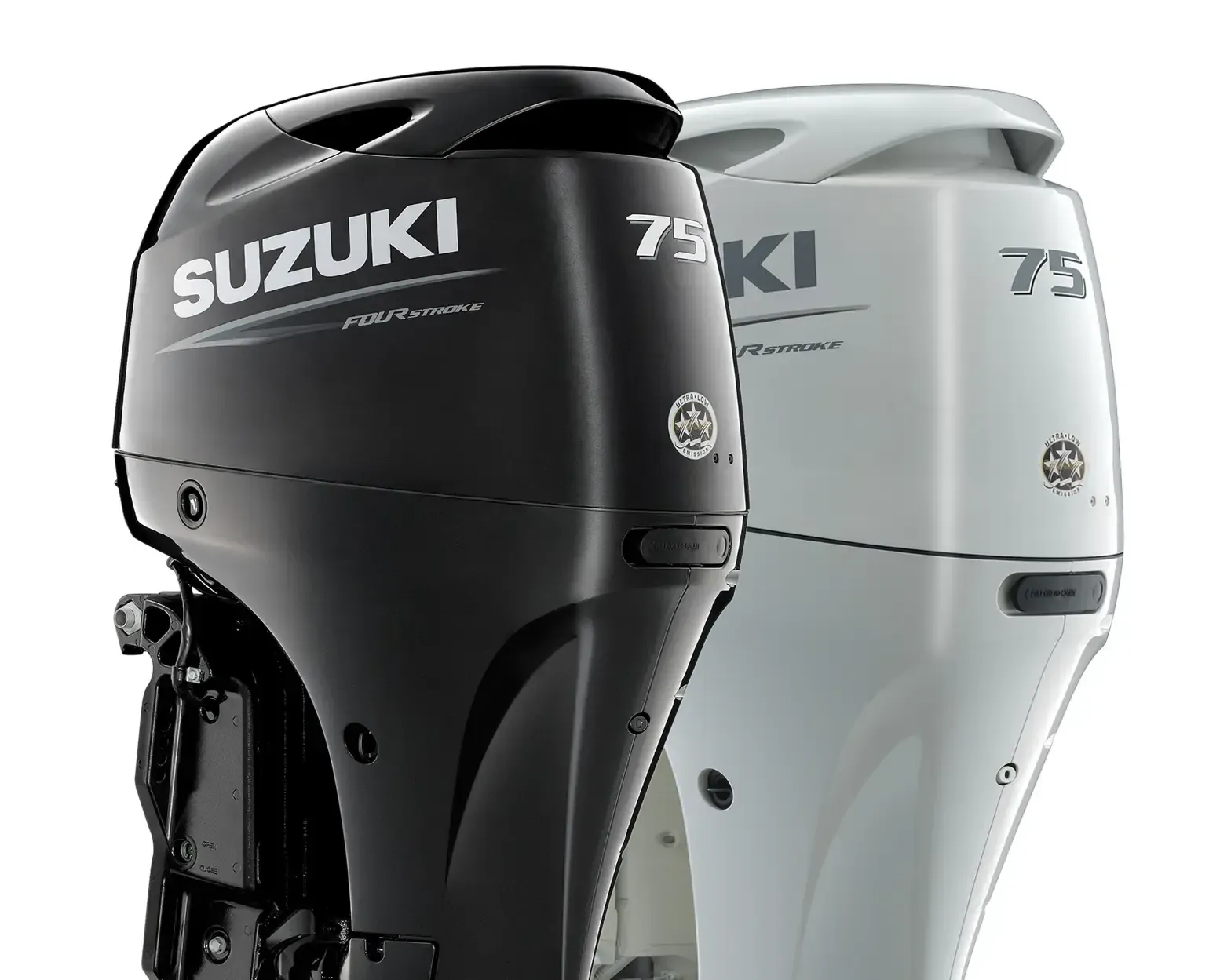 Two Suzuki outboard motors, one black and one white, shown side by side