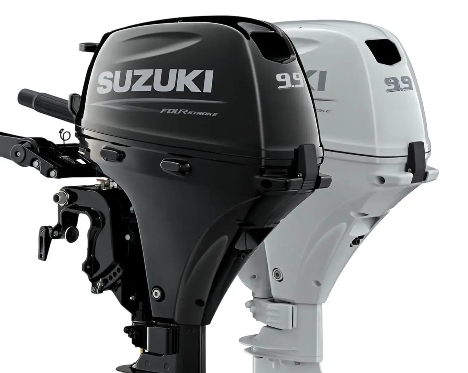 Two Suzuki outboard boat motors, one black and one white, shown side by side.