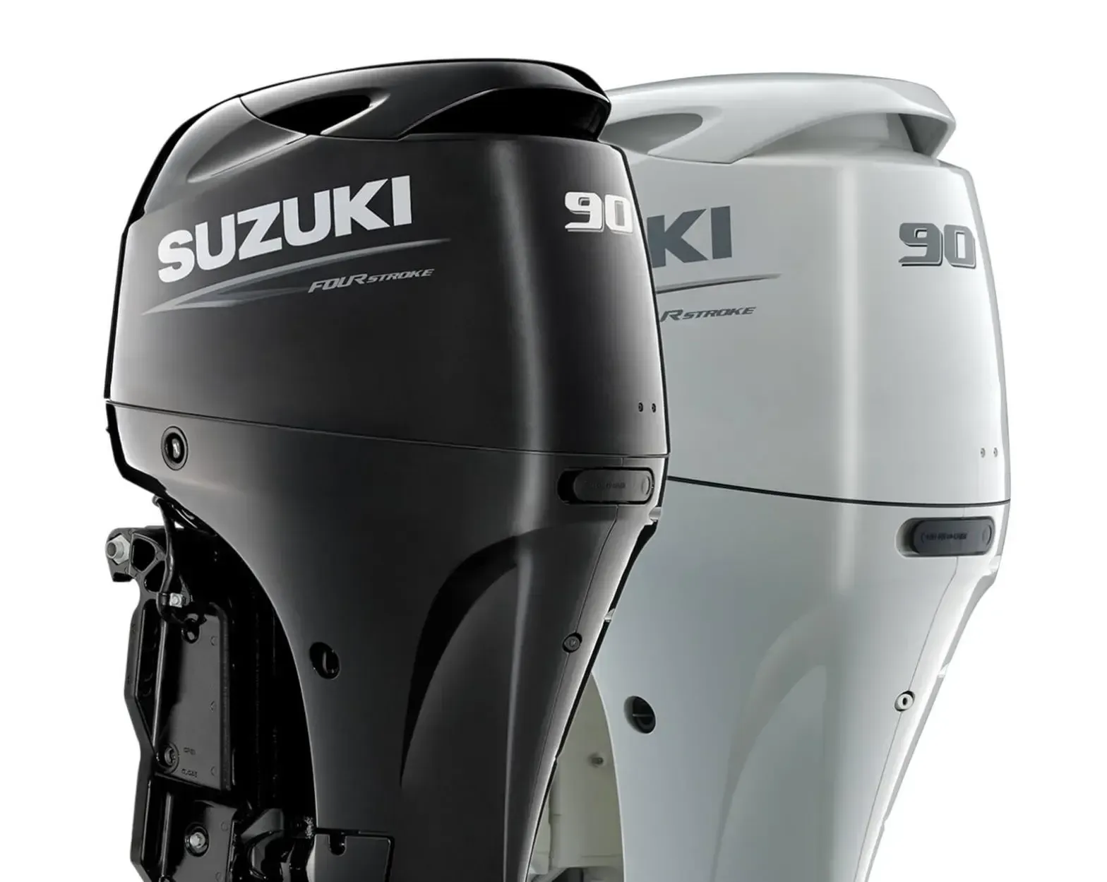 Two Suzuki 90 outboard motors, one black and one white, side by side on a white background