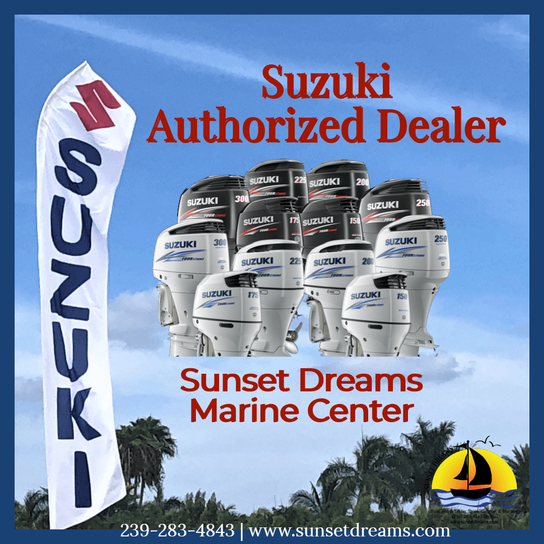 Promotional ad for Sunset Dreams Marine Center, a Suzuki authorized dealer, featuring boat motors and contact info.