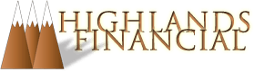 Highlands Financial logo with stylized orange mountain peaks and gold text on white background