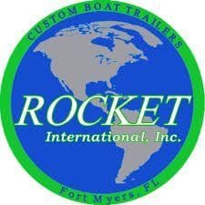 Logo for Rocket International, Inc., with a blue globe and green ring reading “Custom Boat Trailers” and “Fort Myers, FL”