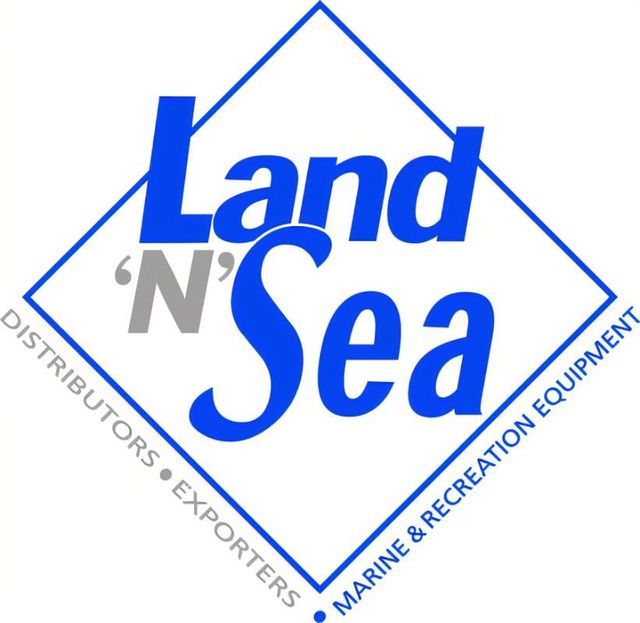 Blue Land ‘N’ Sea logo inside a diamond with curved distributor and marine equipment text
