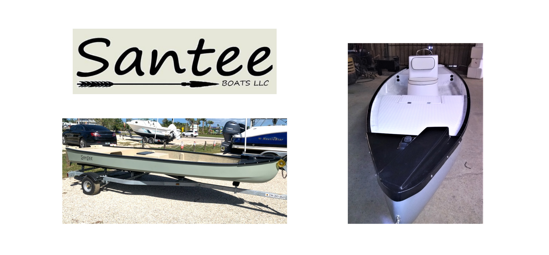 A Santee Boats logo above images of a light-colored boat on a trailer and a white boat hull on a paved surface.