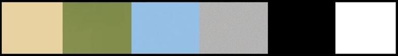 A horizontal color palette consisting of beige, olive green, light blue, grey, and white blocks separated by a black gap.