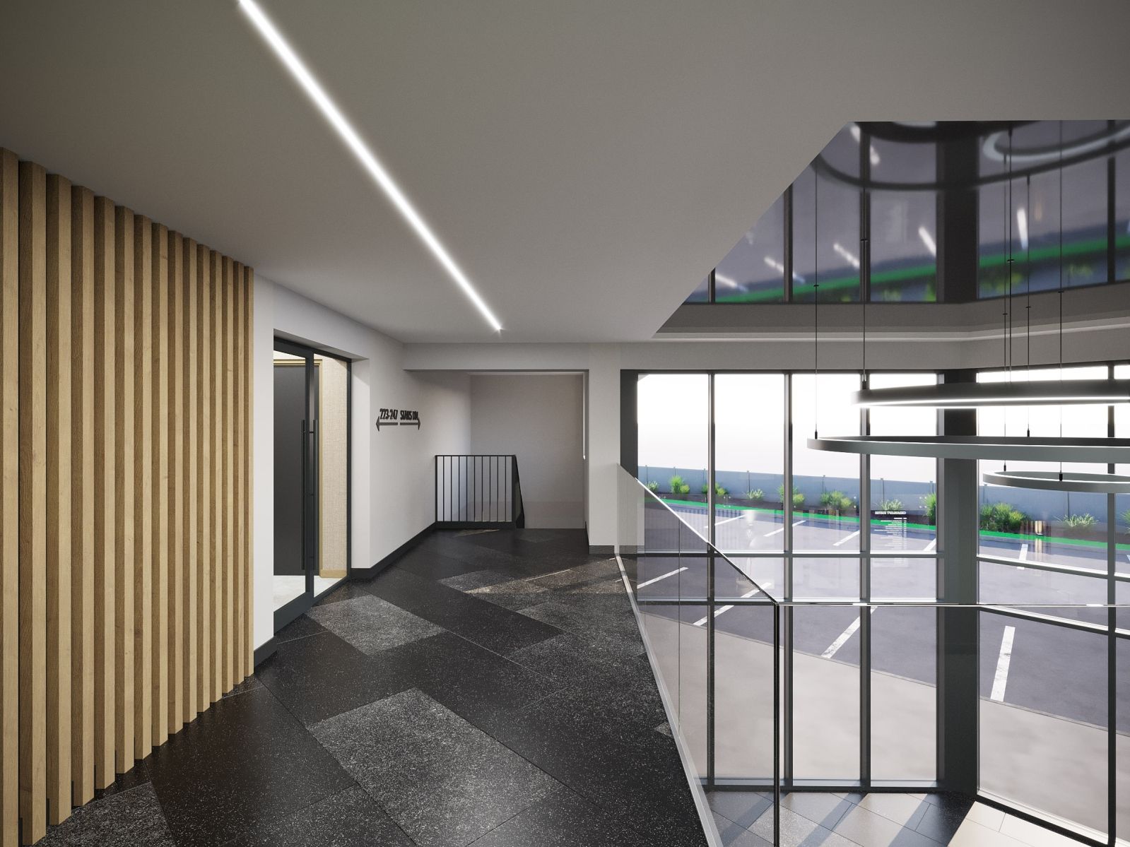 Office building second floor with big windows