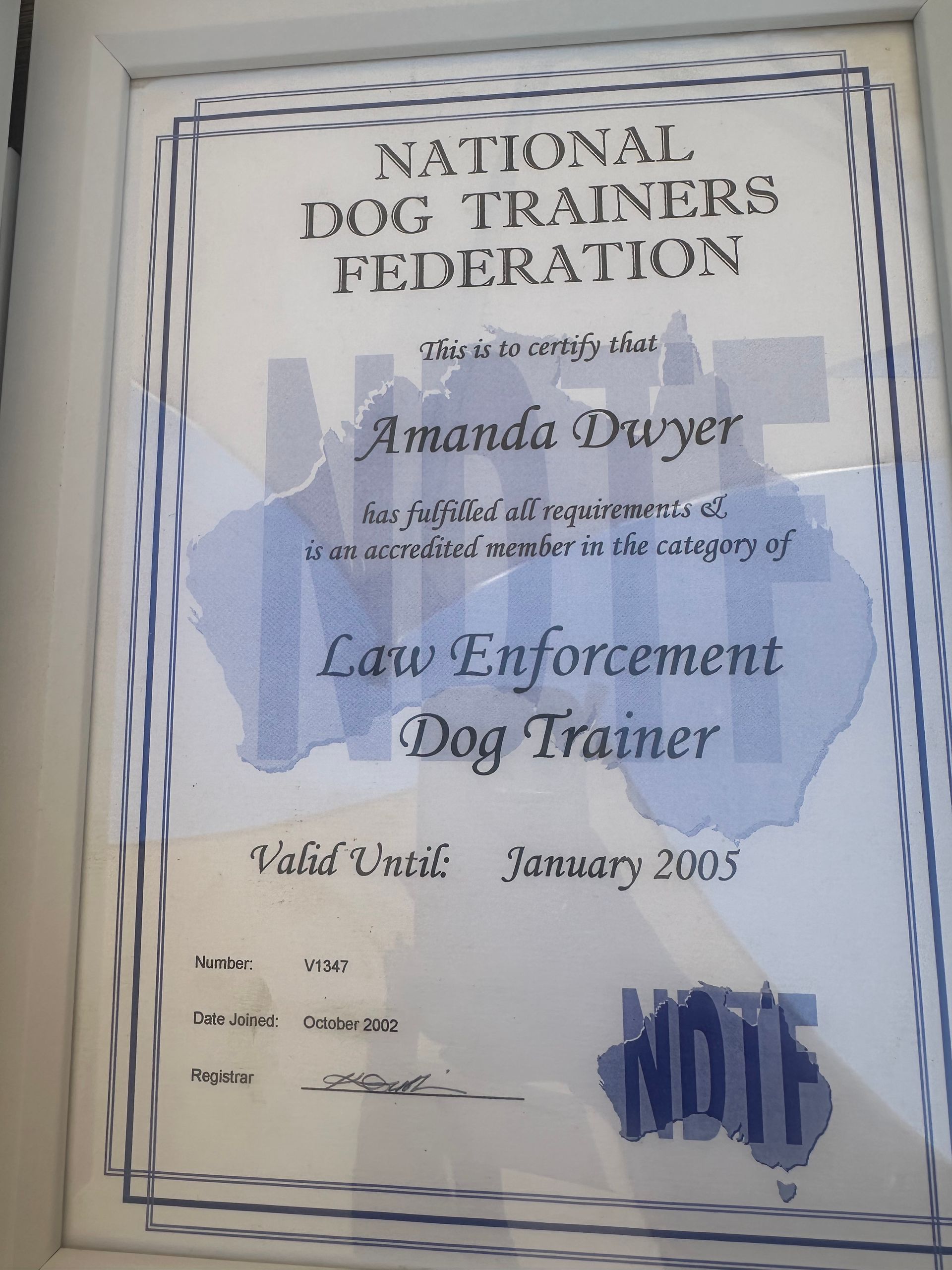 National Dog Trainers Federation certificate for a law enforcement dog trainer — Amanda's Professional K9 Training In Forster, NSW