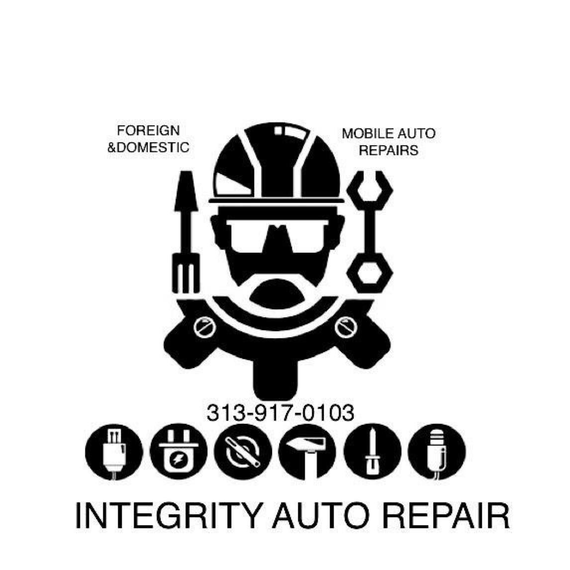 A black and white logo for integrity auto repair.