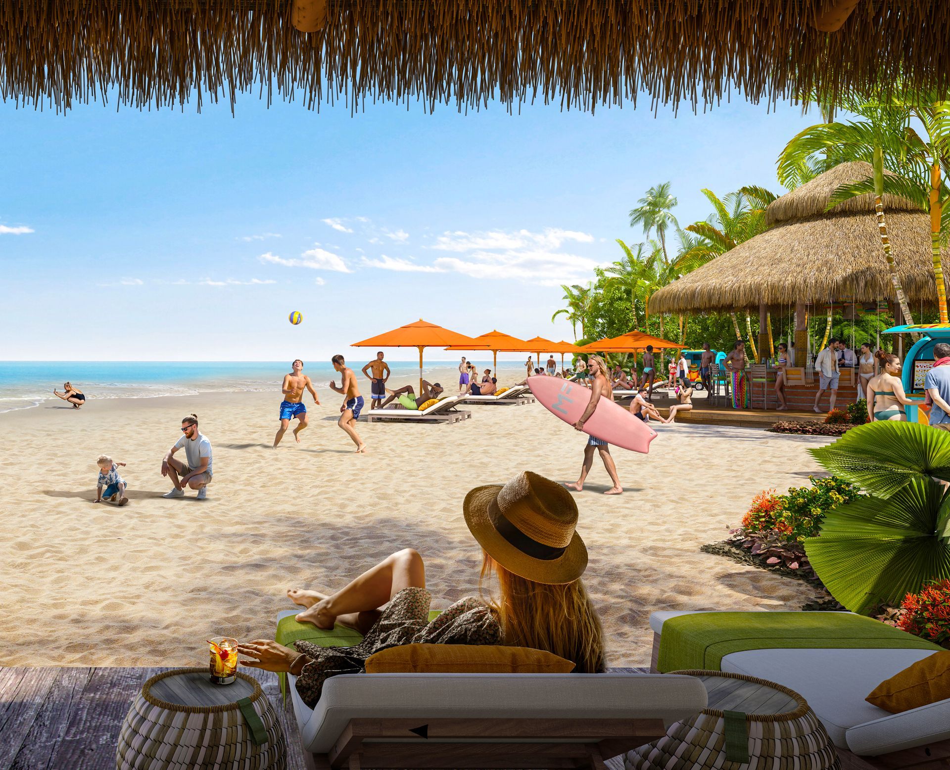 Beach scene with people, ocean, and straw-roofed structures.