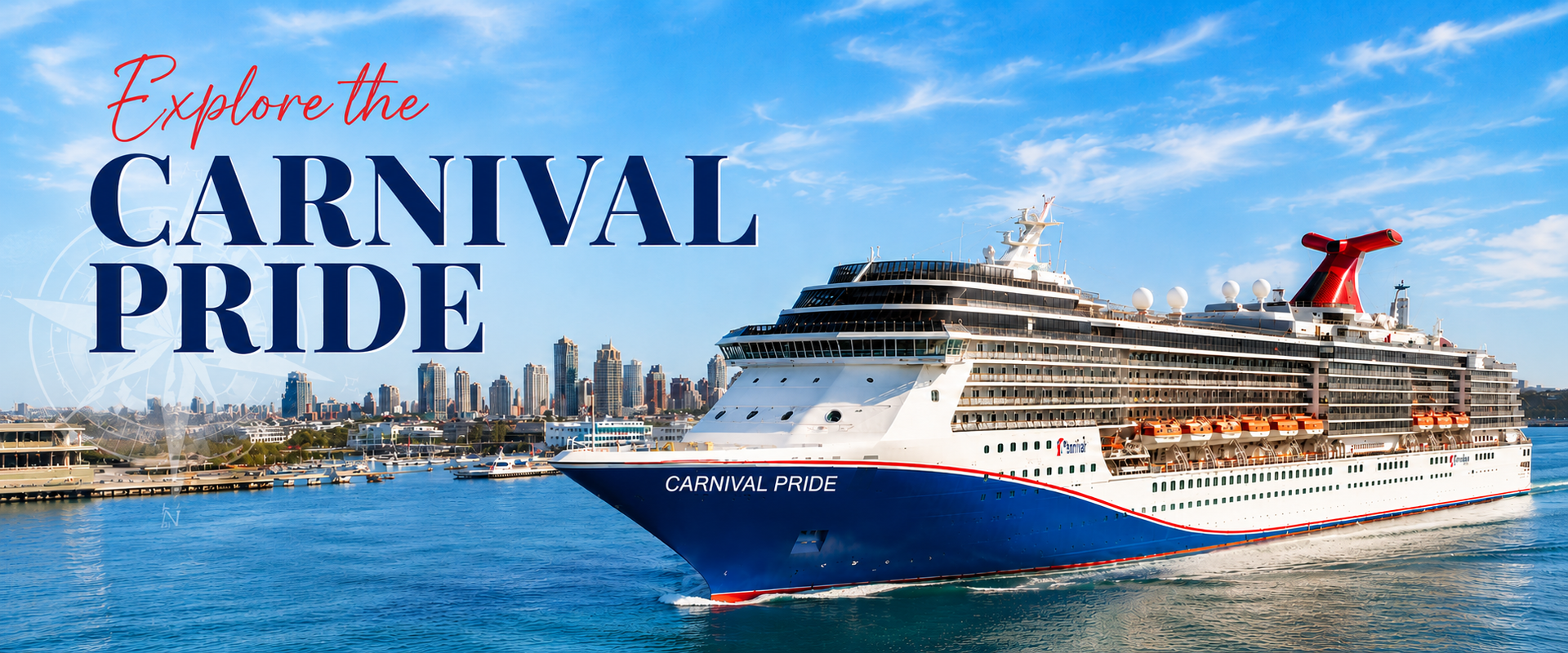Carnival Pride cruise ship sailing on blue water with “Explore the Carnival Pride” text