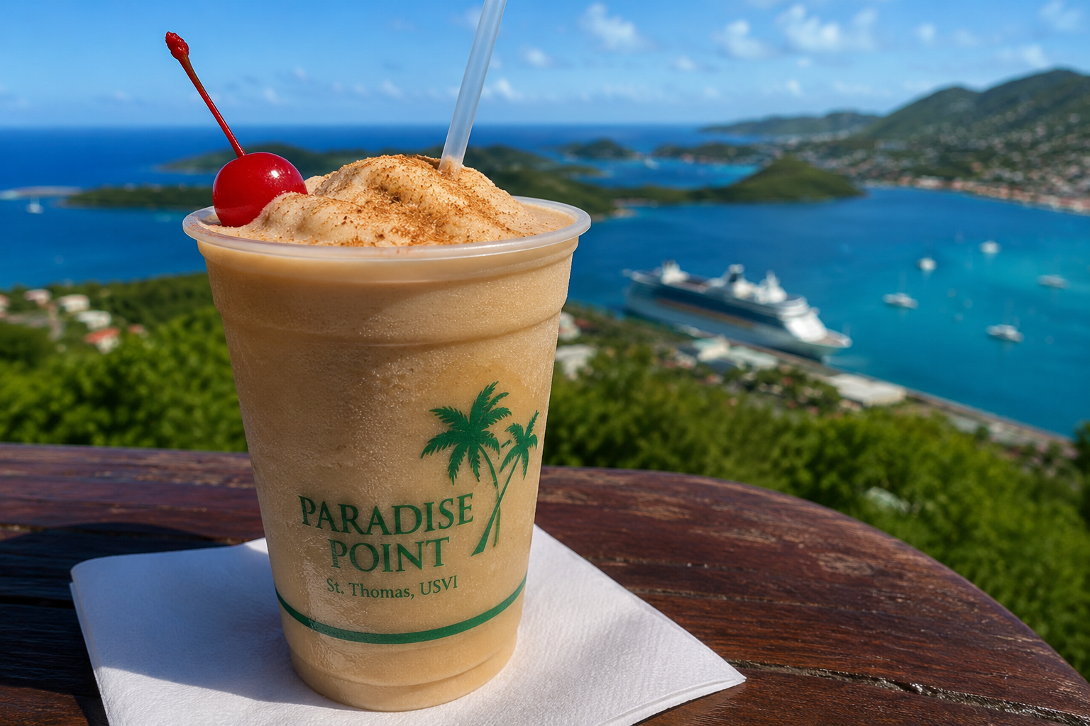 Frozen Bushwacker cocktail at Paradise Point overlooking Charlotte Amalie Harbor and the blue Caribbean waters of St. Thomas.