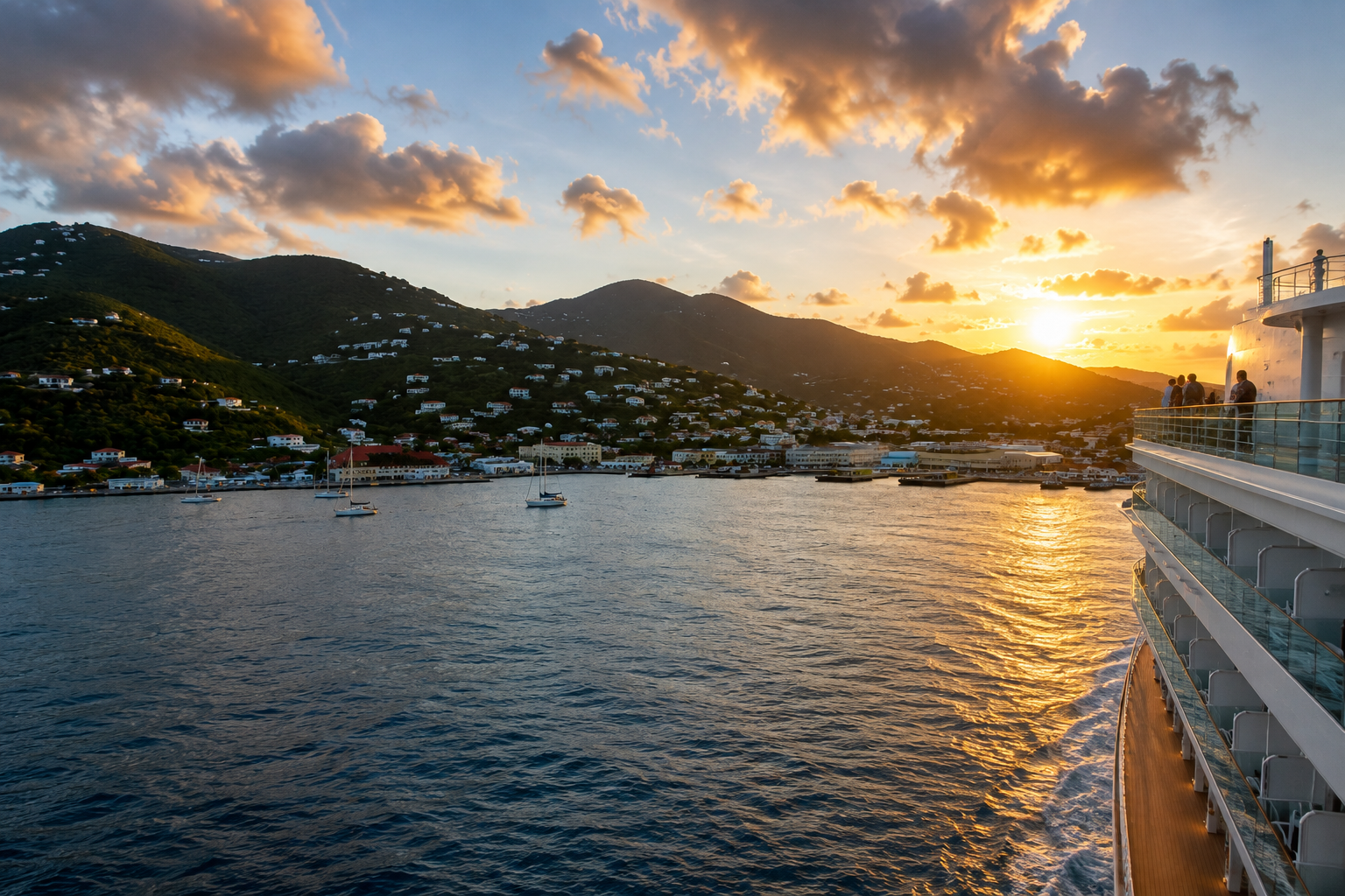 Cruise ship sailing from St. Thomas at sunset, overlooking Charlotte Amalie Harbor and the island’s green hills.