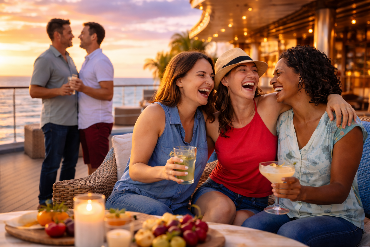 Inclusive themed cruise with LGBTQ couples socializing and enjoying drinks